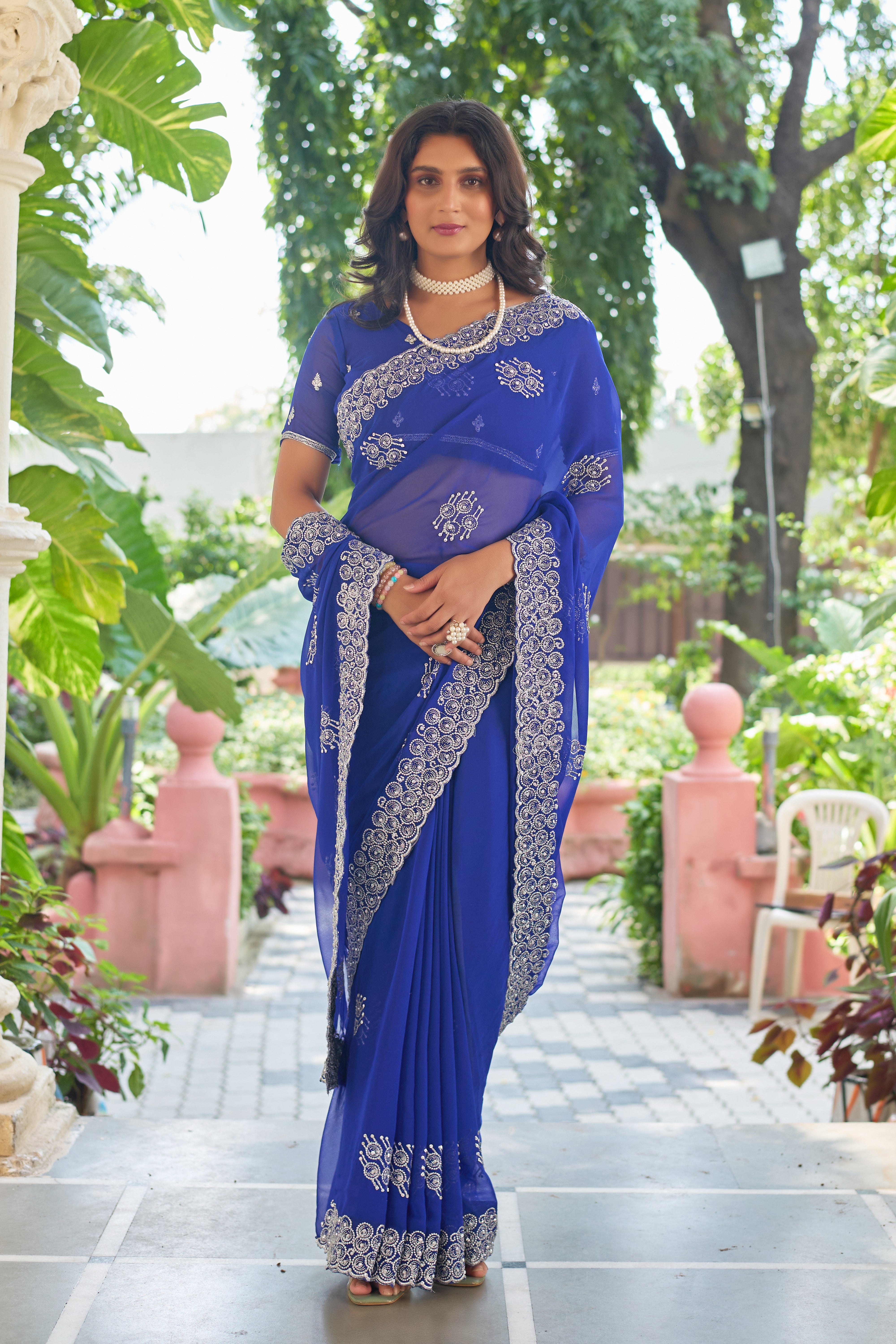 Royal Sapphire Blue Georgette Saree with Silver Embroidered Border
