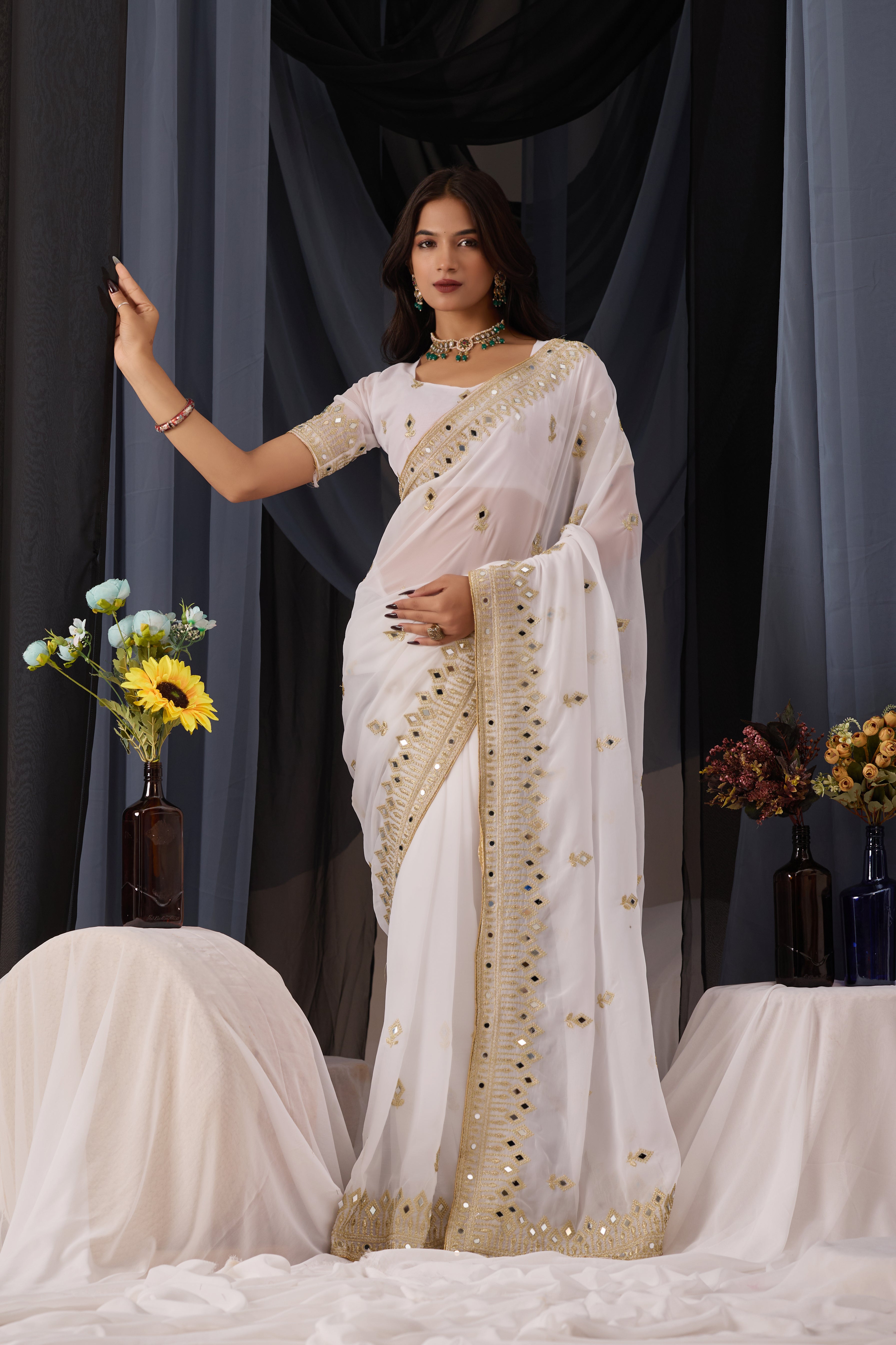 Elegant White Georgette Saree with Golden Embroidered Border