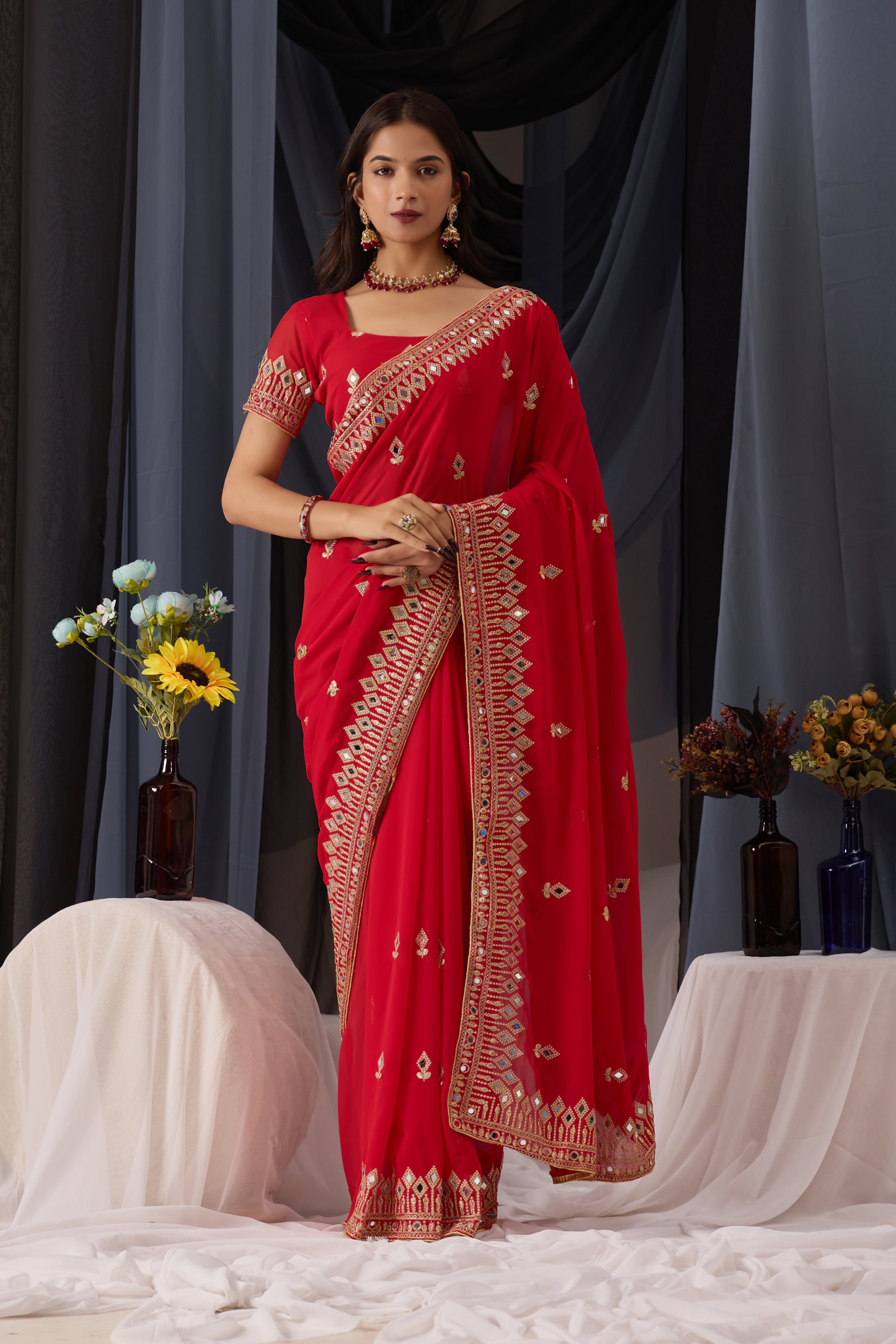 Elegant Red Georgette Saree with Golden Embroidered Border