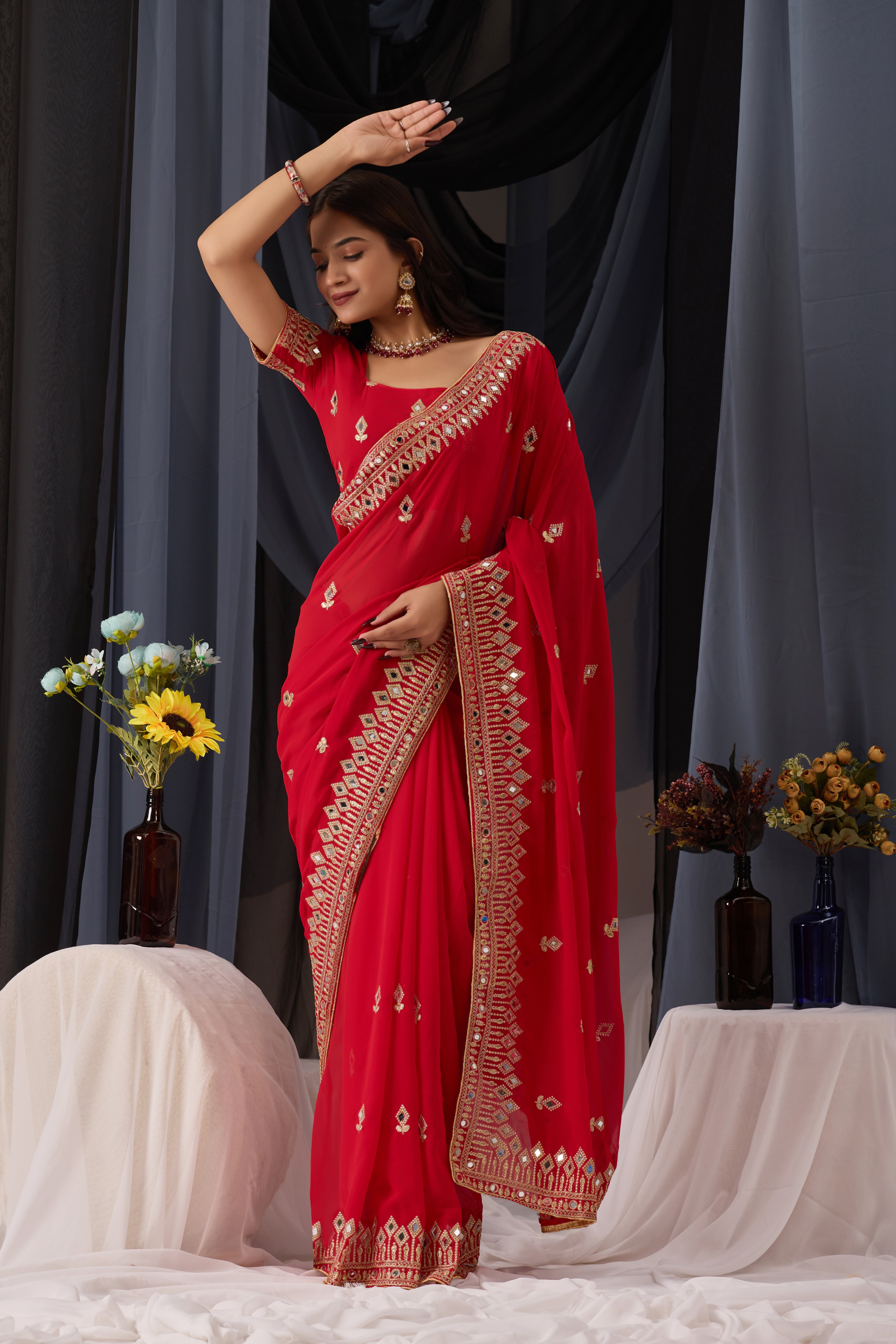Elegant Red Georgette Saree with Golden Embroidered Border