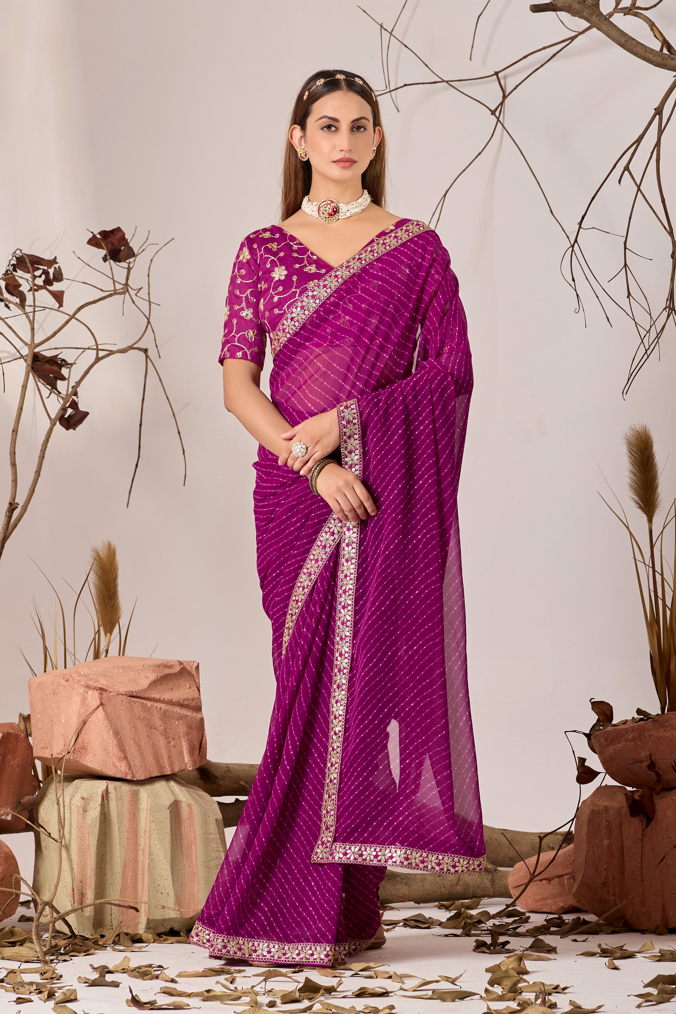 Royal Magenta Georgette Saree with Embroidered Border