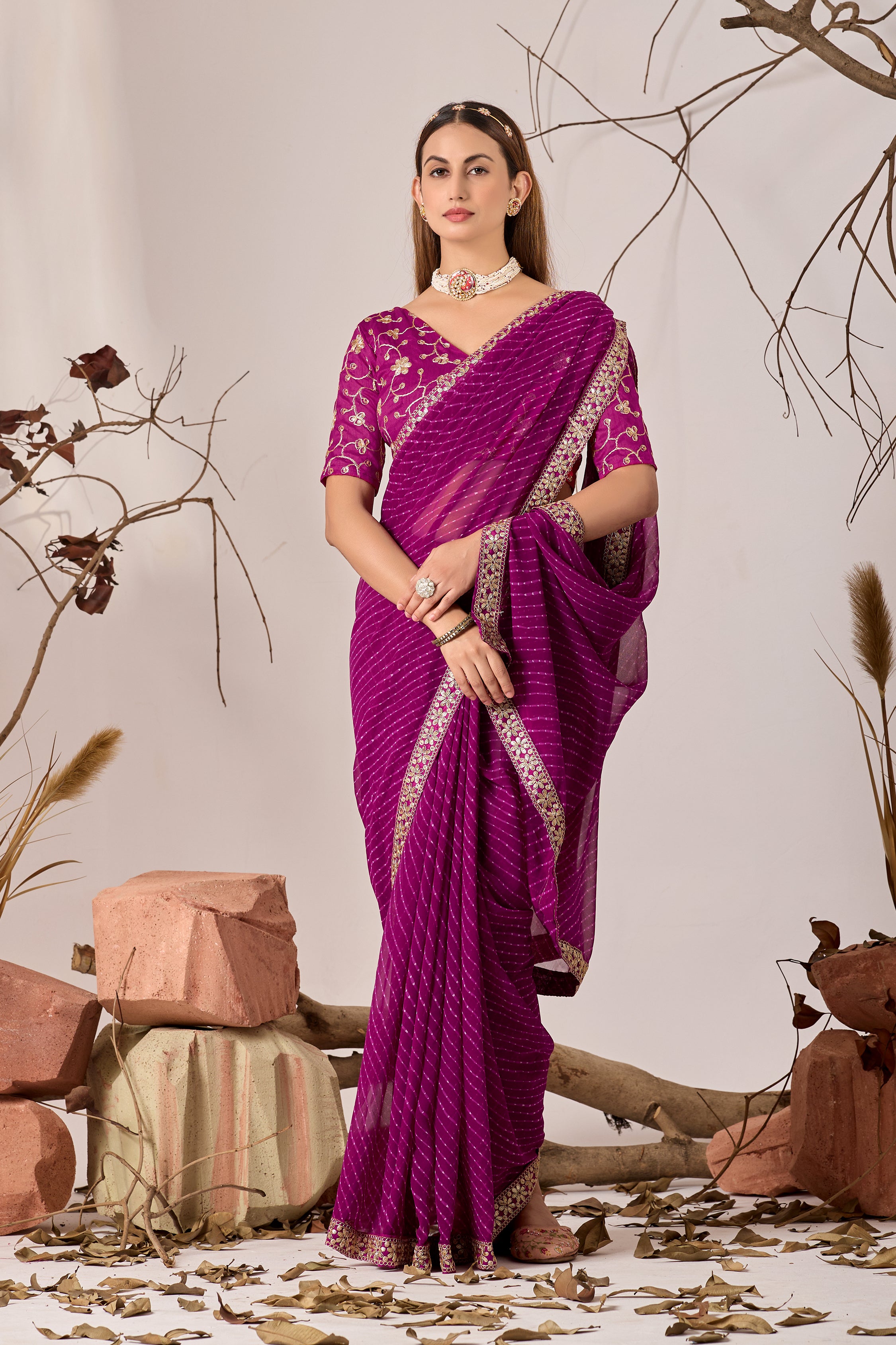 Royal Magenta Georgette Saree with Embroidered Border