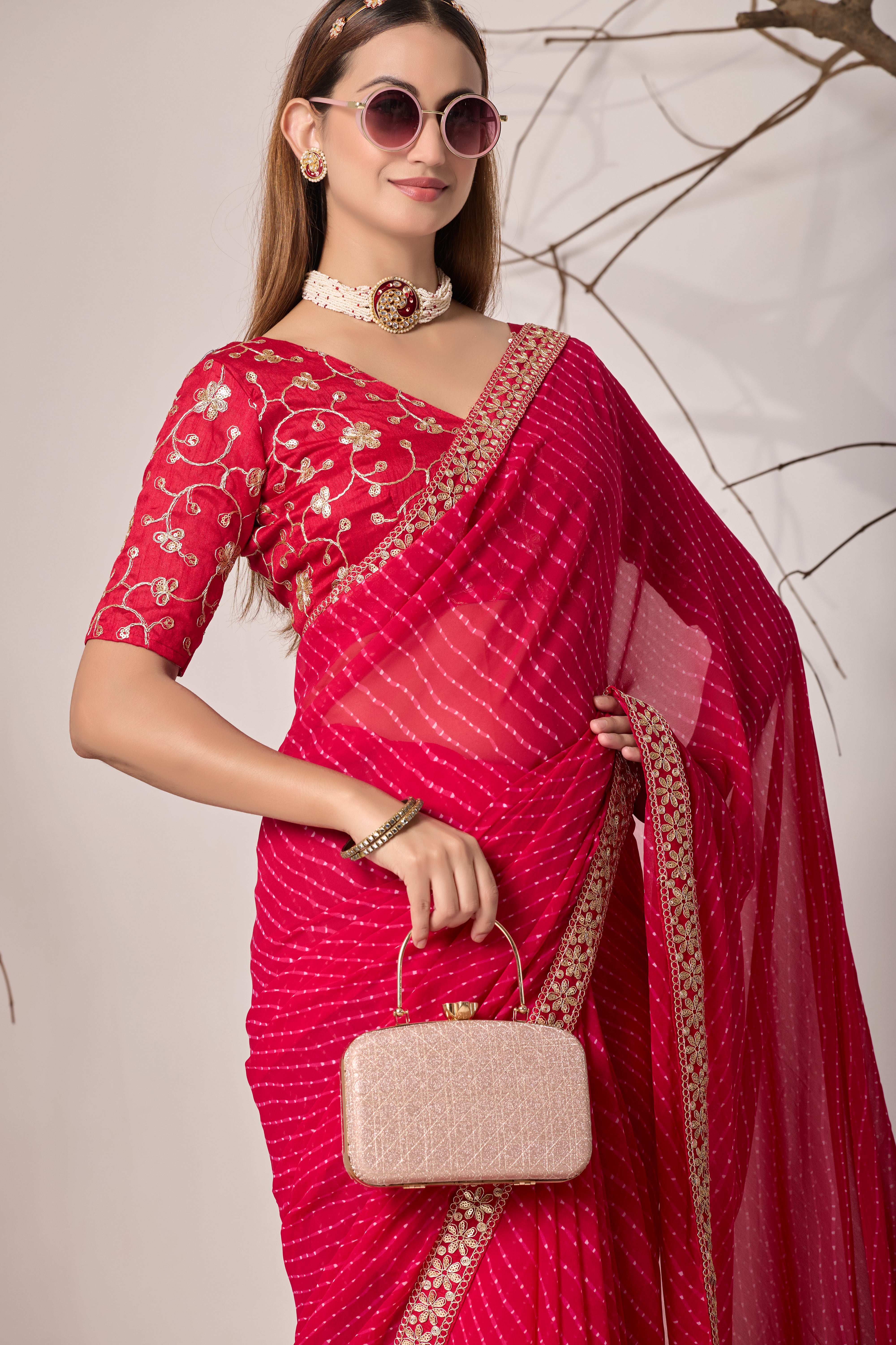 Royal  Red Georgette Saree with Embroidered Border