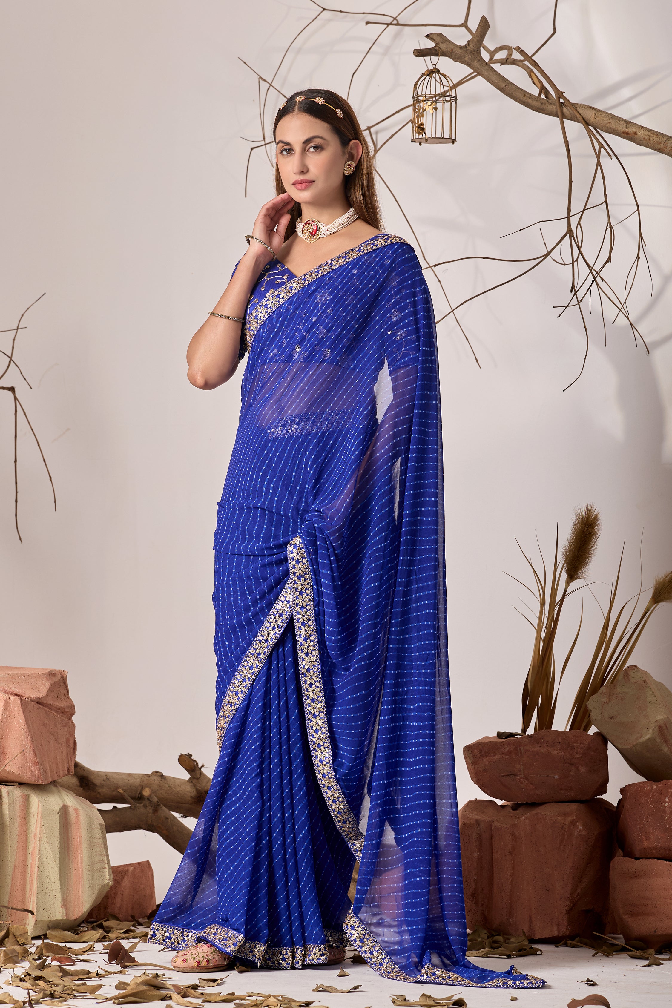 Royal Blue Georgette Saree with Embroidered Border