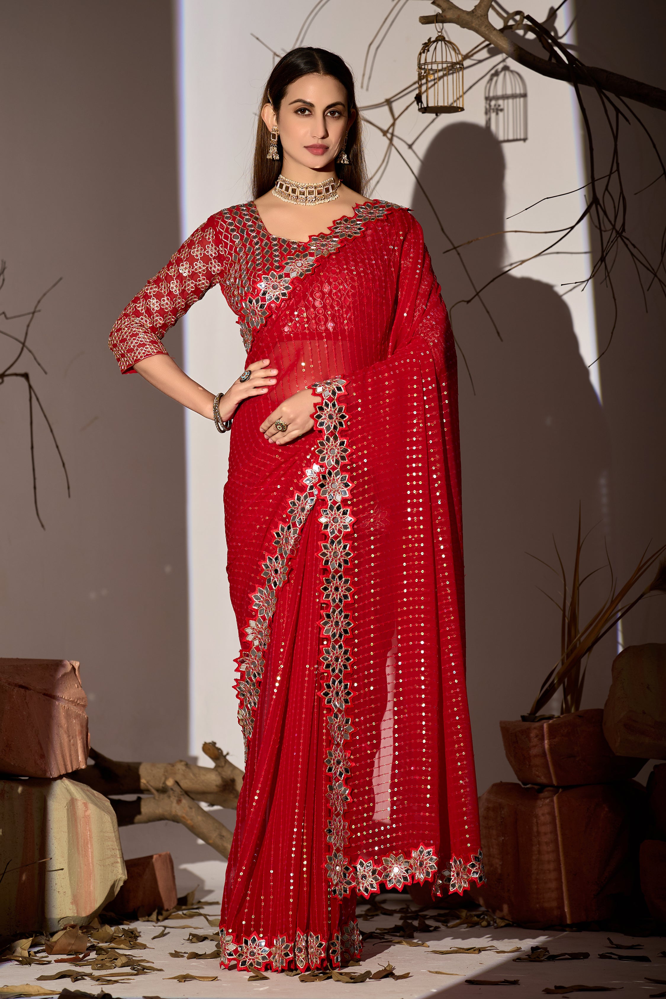 Radiant Tangerine Red Georgette Saree with Mirror-Work Border