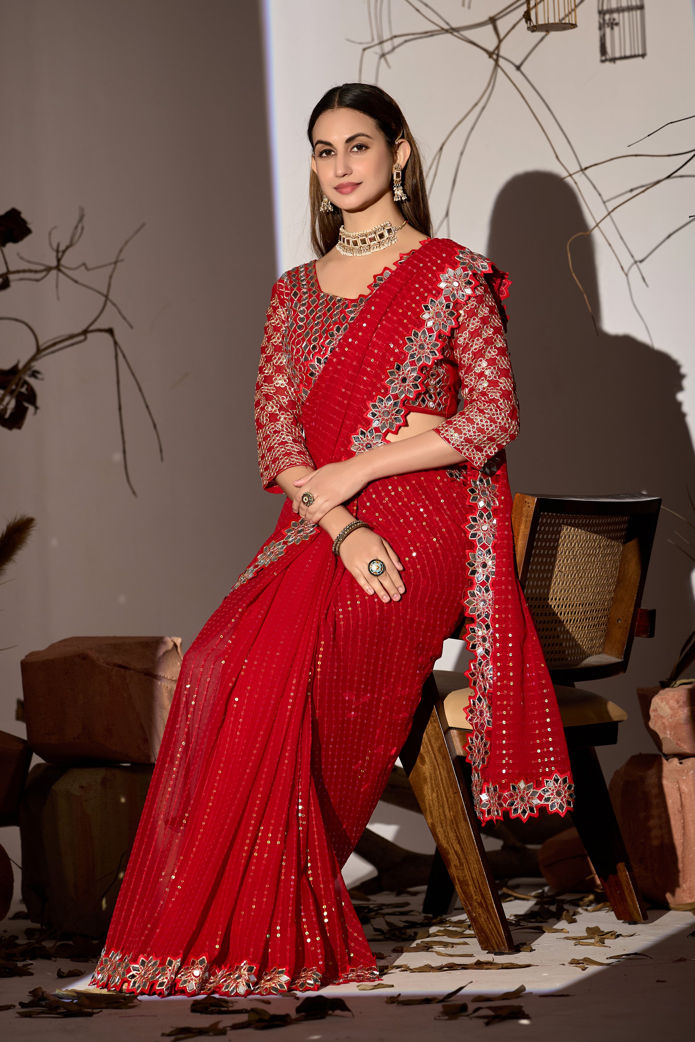 Radiant Tangerine Red Georgette Saree with Mirror-Work Border