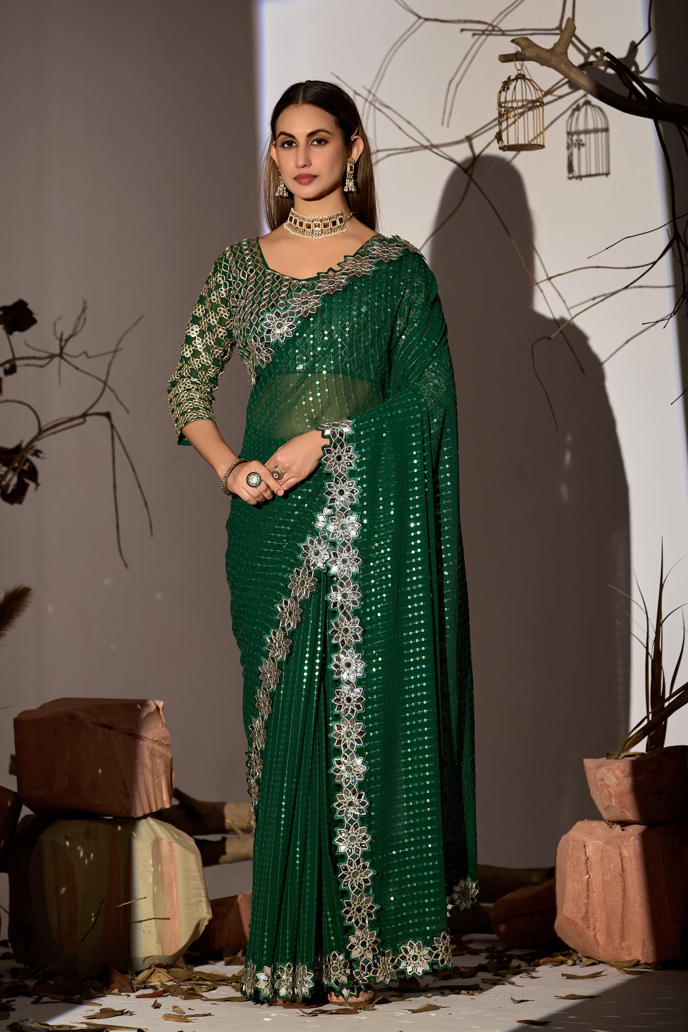 Radiant Tangerine Green Georgette Saree with Mirror-Work Border