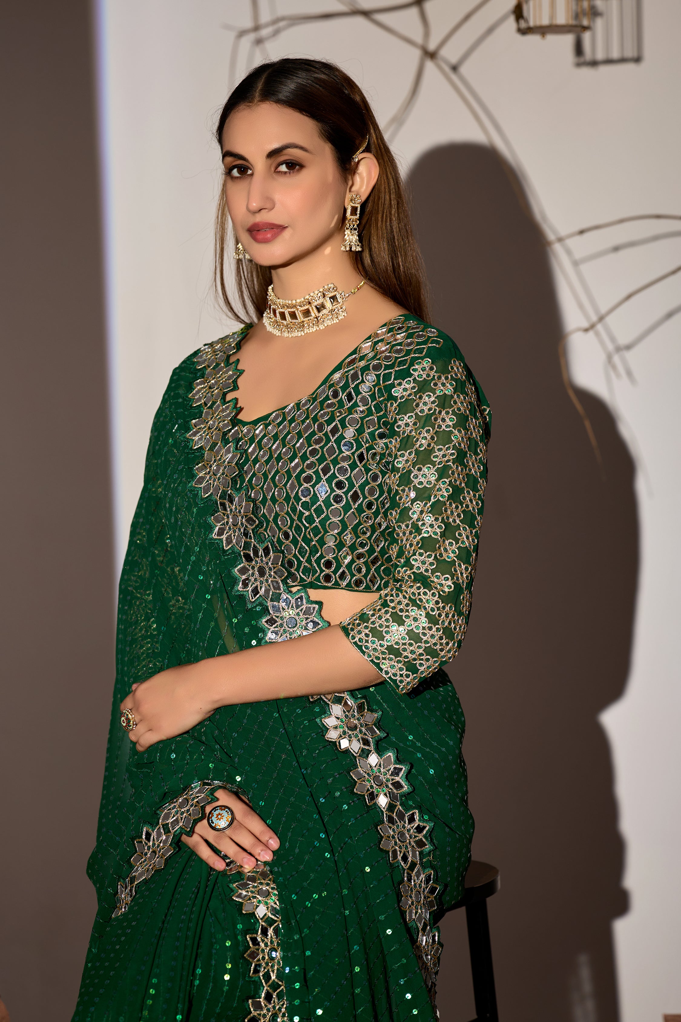 Radiant Tangerine Green Georgette Saree with Mirror-Work Border