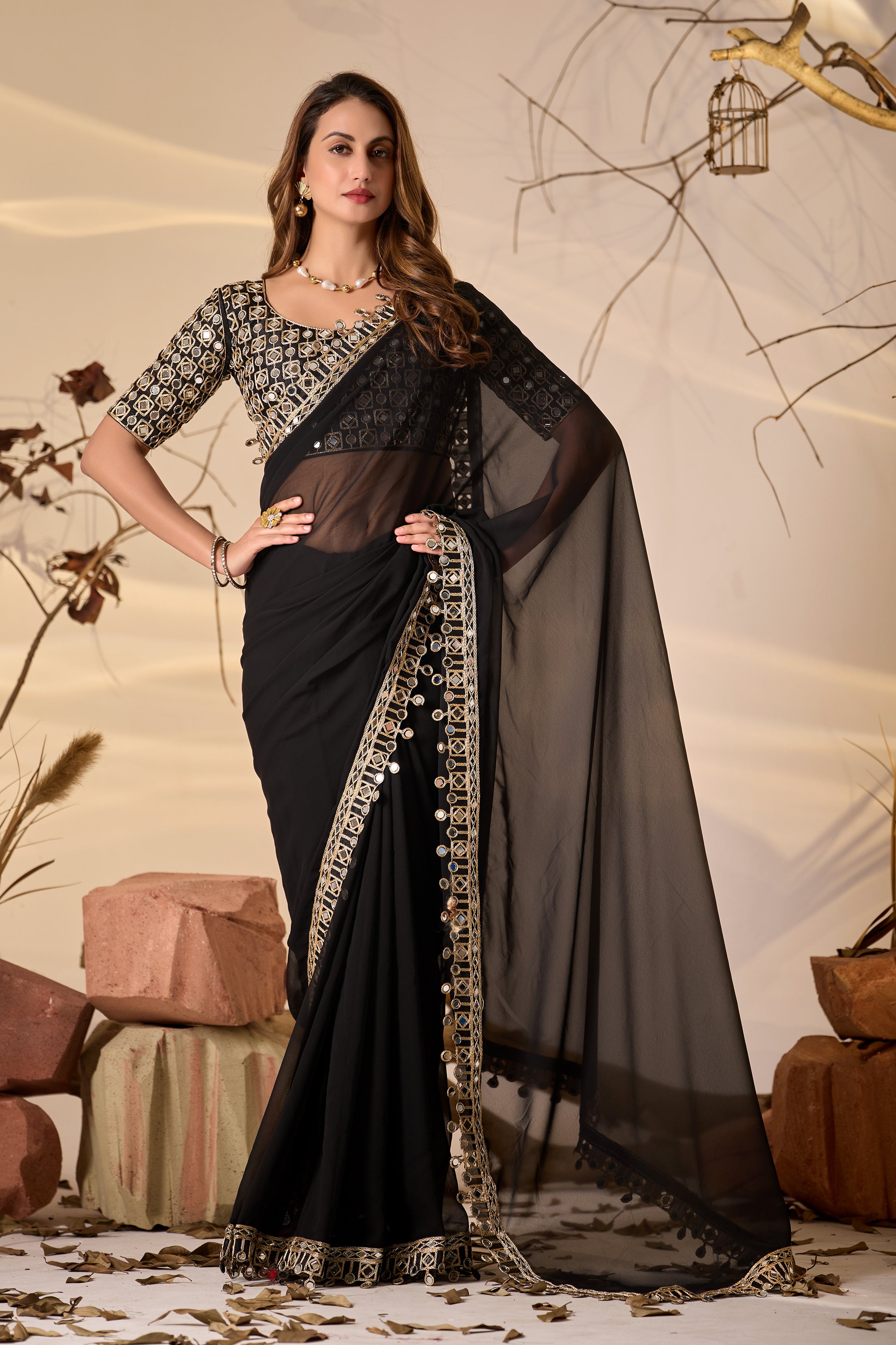 Designer Black Georgette Saree with Mirror Embellished Border