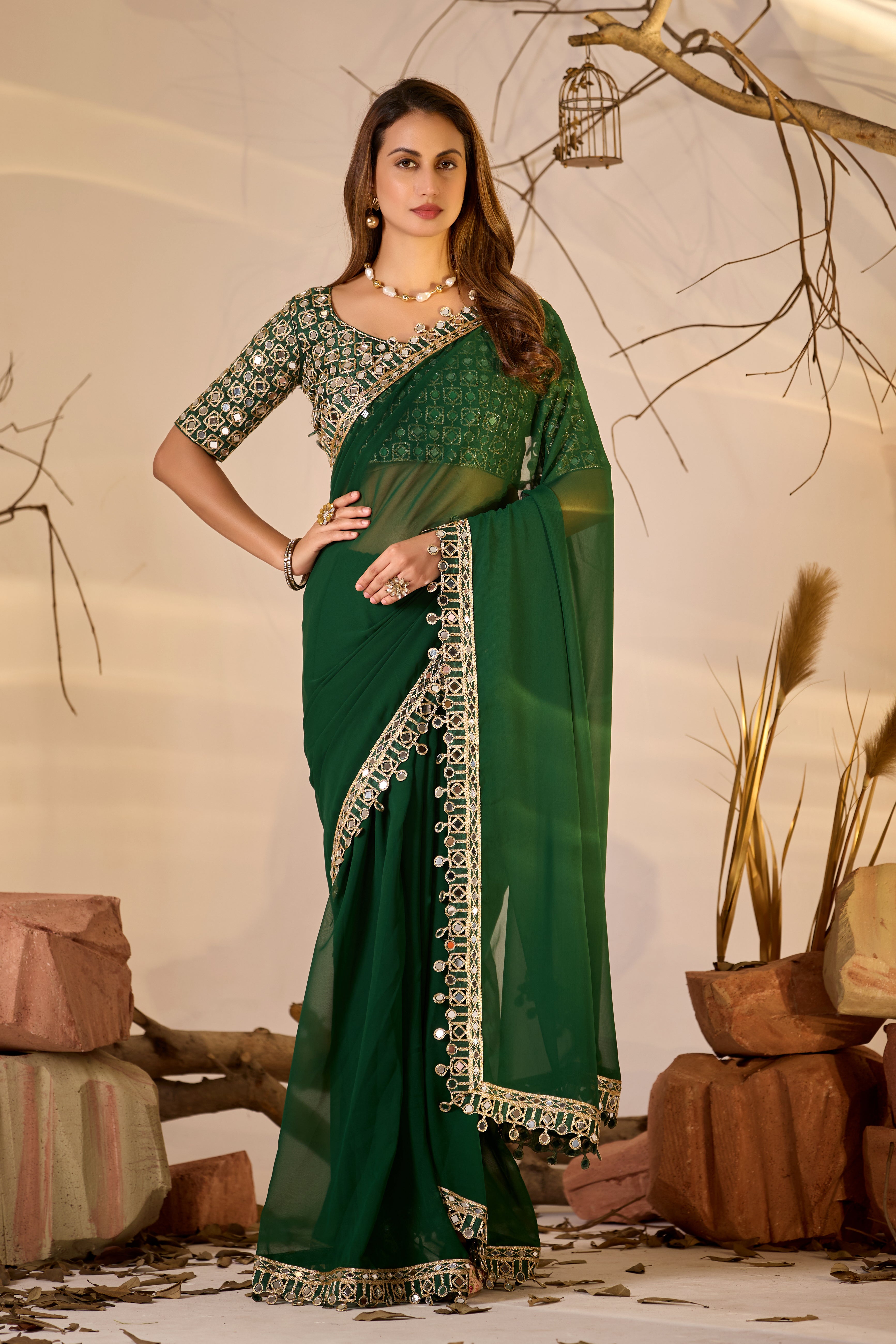 Designer  Georgette Saree with Mirror Embellished Border