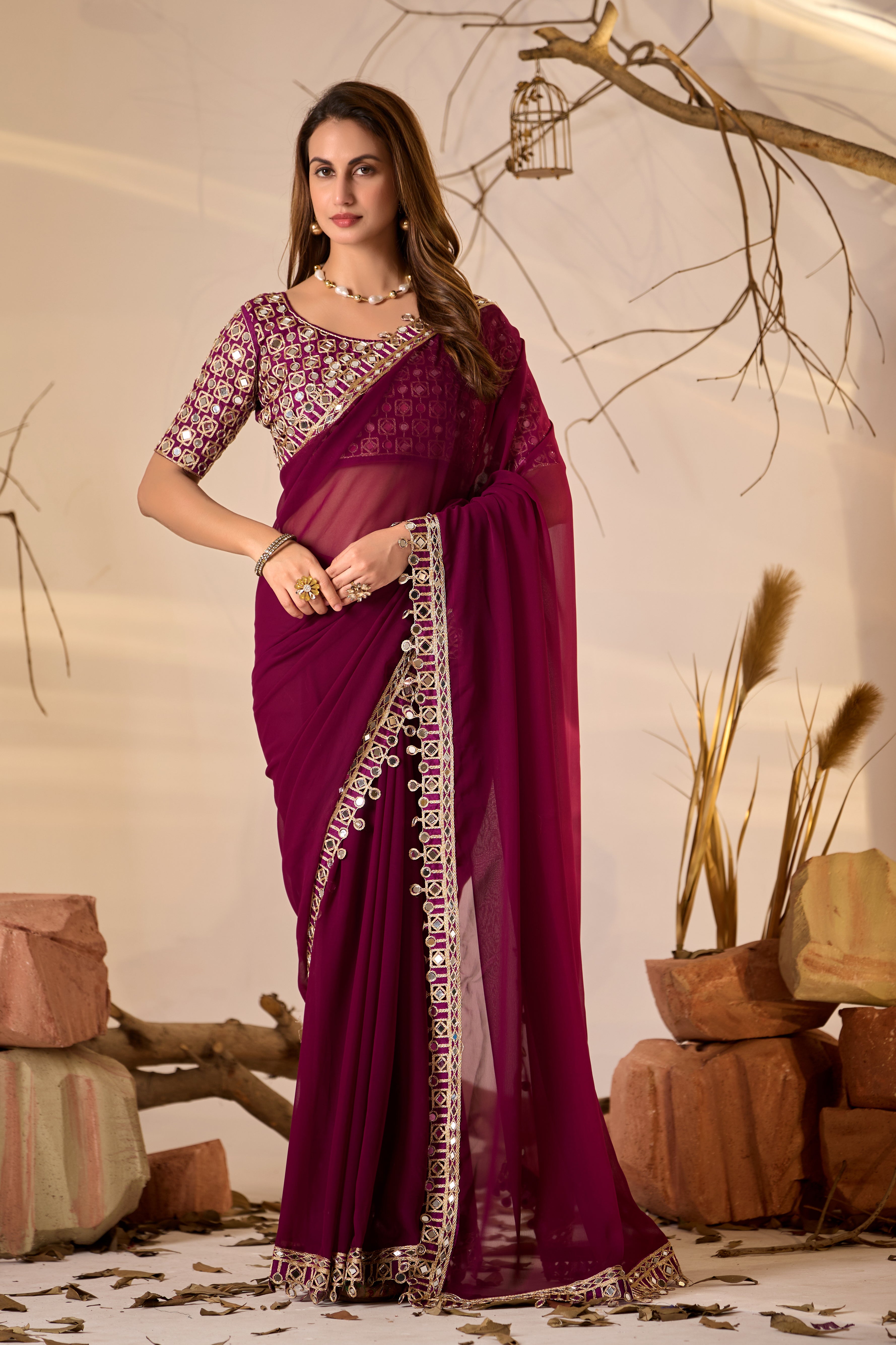 Designer  Georgette Saree with Mirror Embellished Border