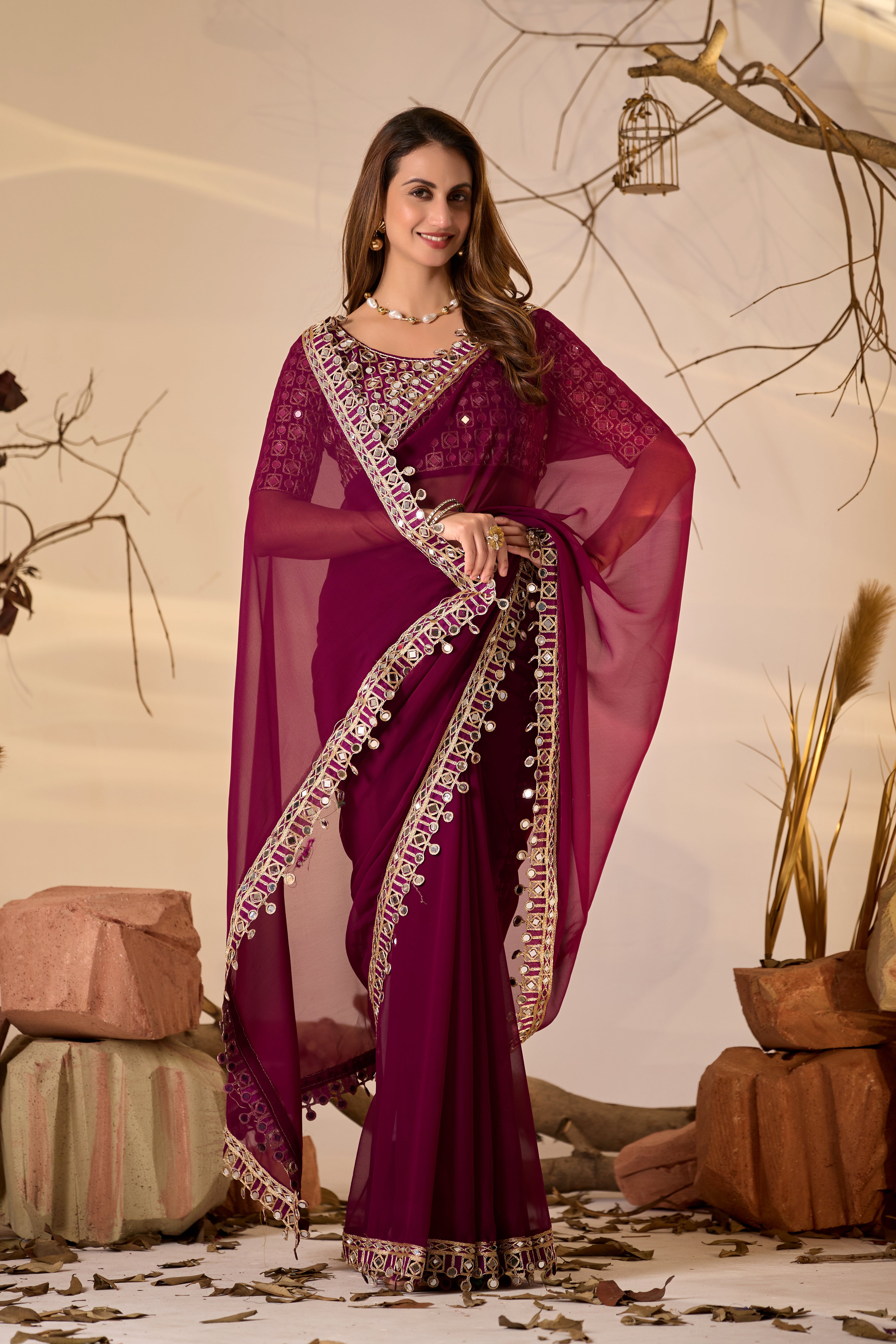 Designer  Georgette Saree with Mirror Embellished Border