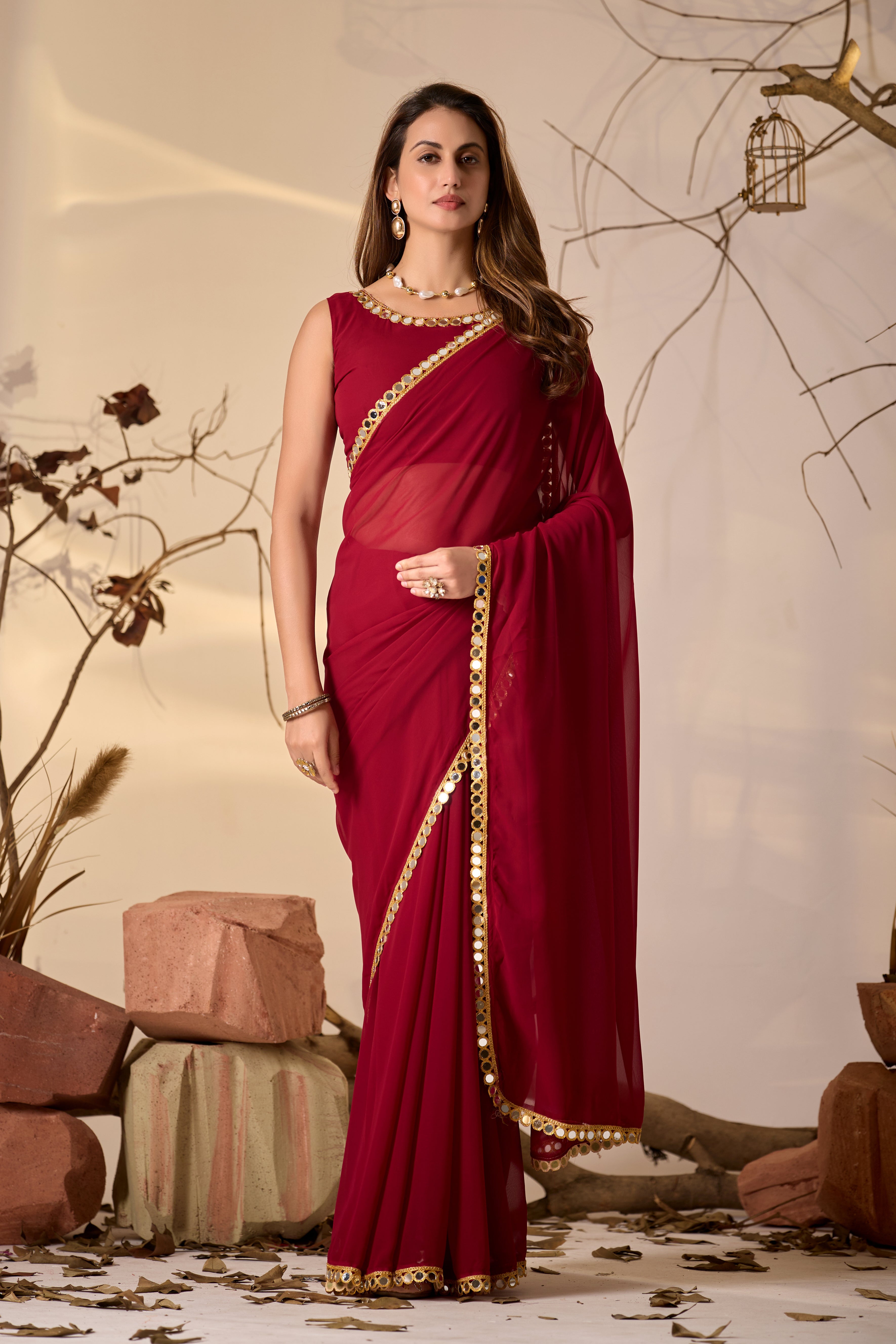 Georgette Saree with Mirror Work Border