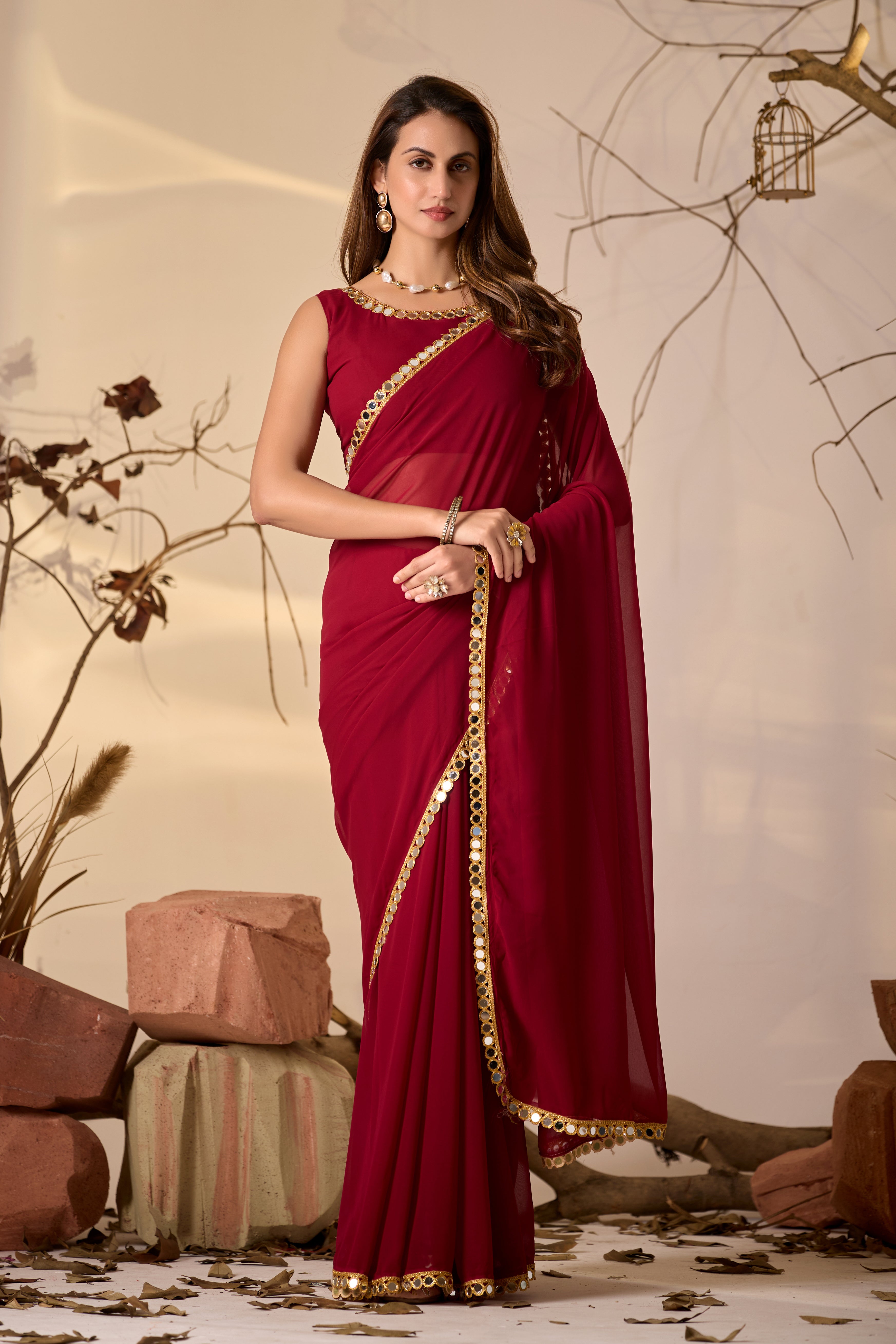 Georgette Saree with Mirror Work Border