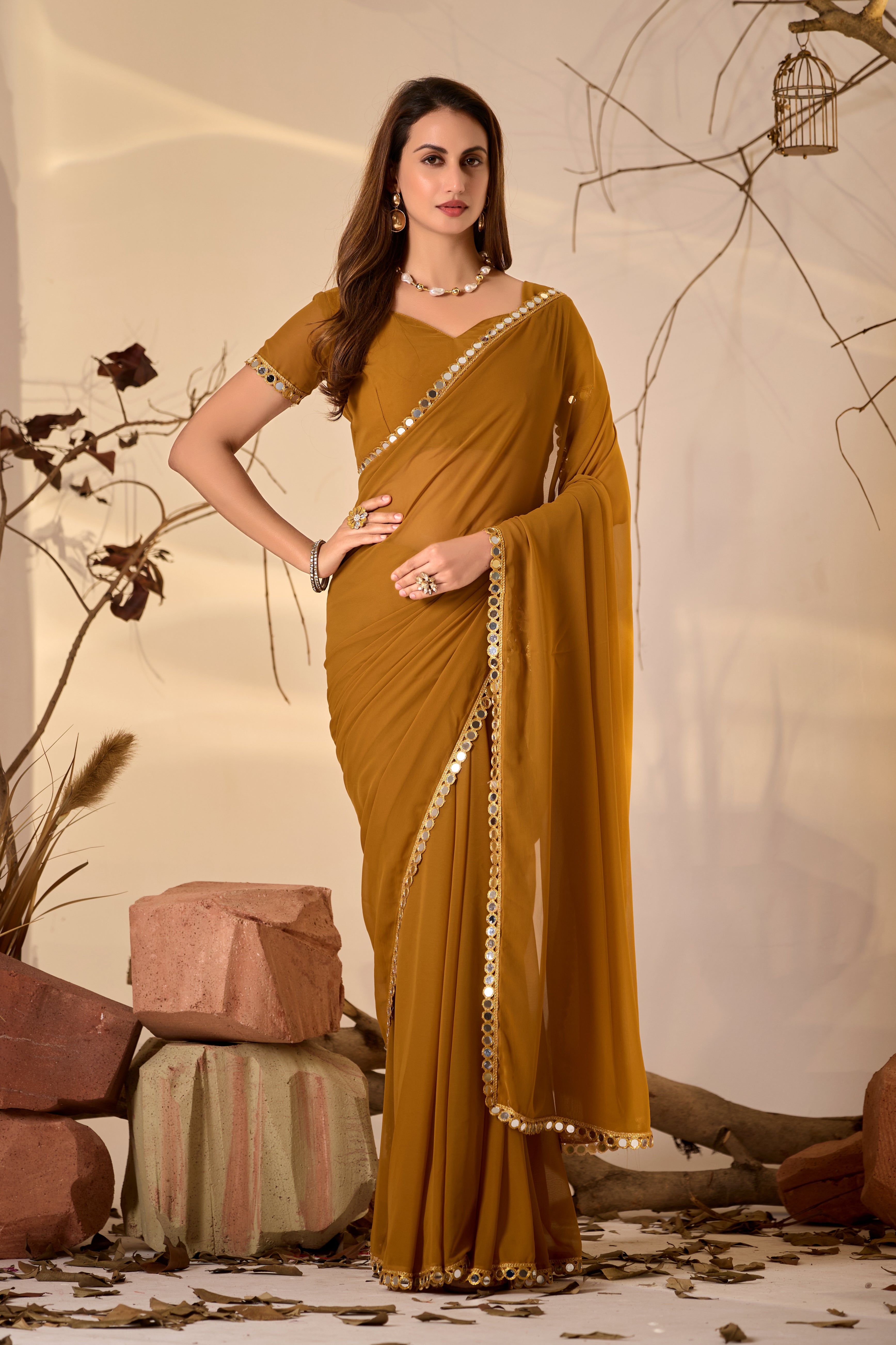 Georgette Saree with Mirror Work Border