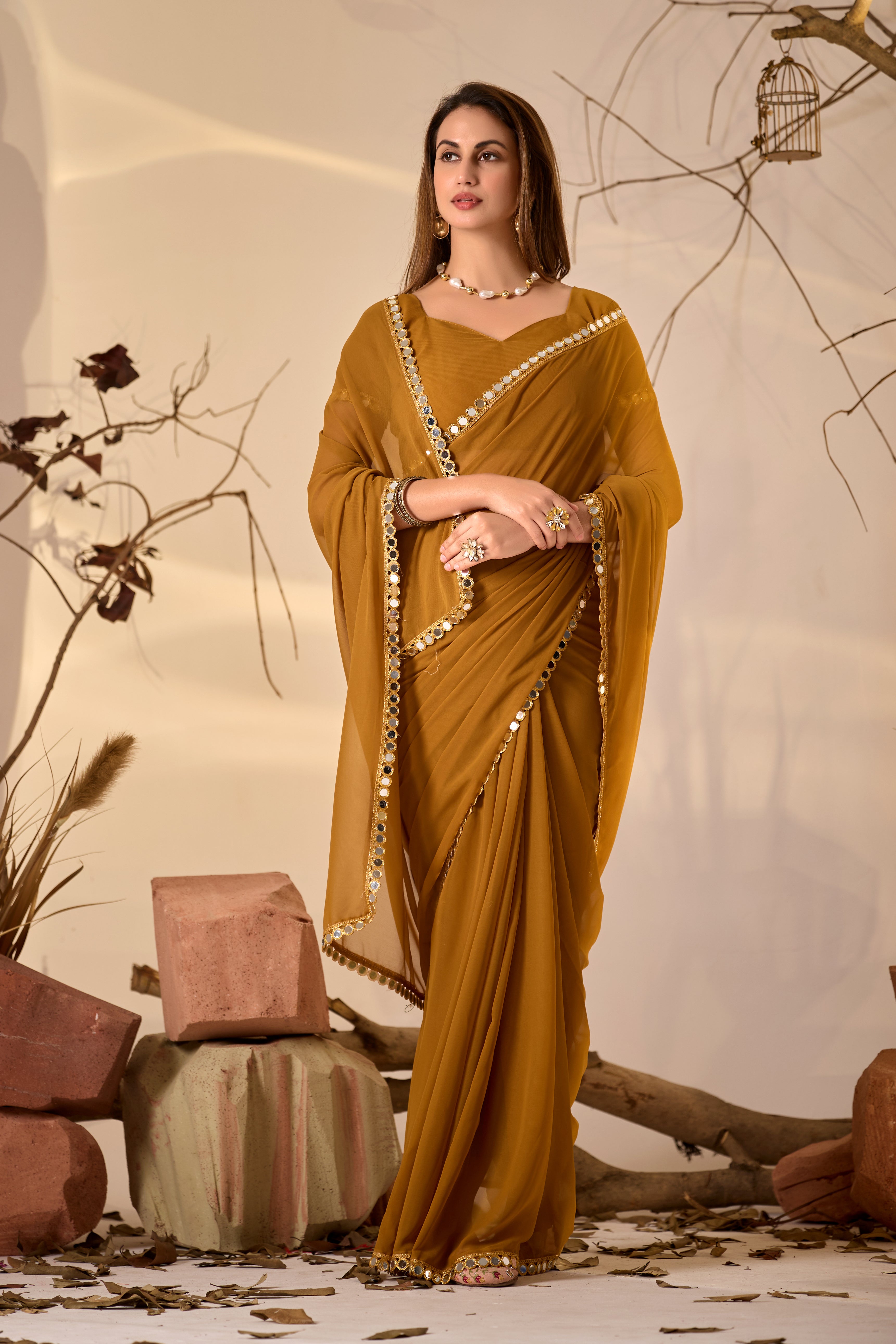 Georgette Saree with Mirror Work Border
