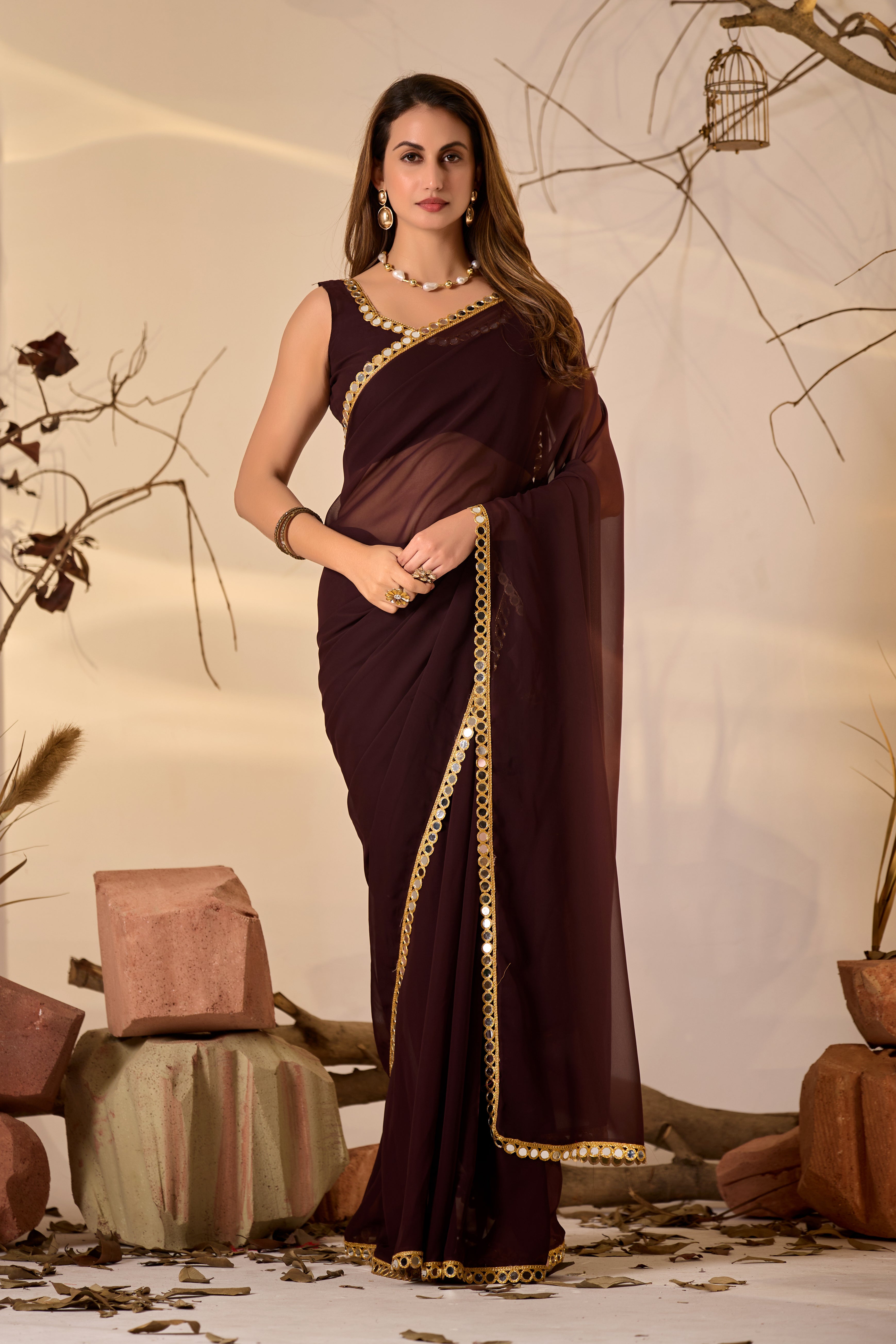 Georgette Saree with Mirror Work Border