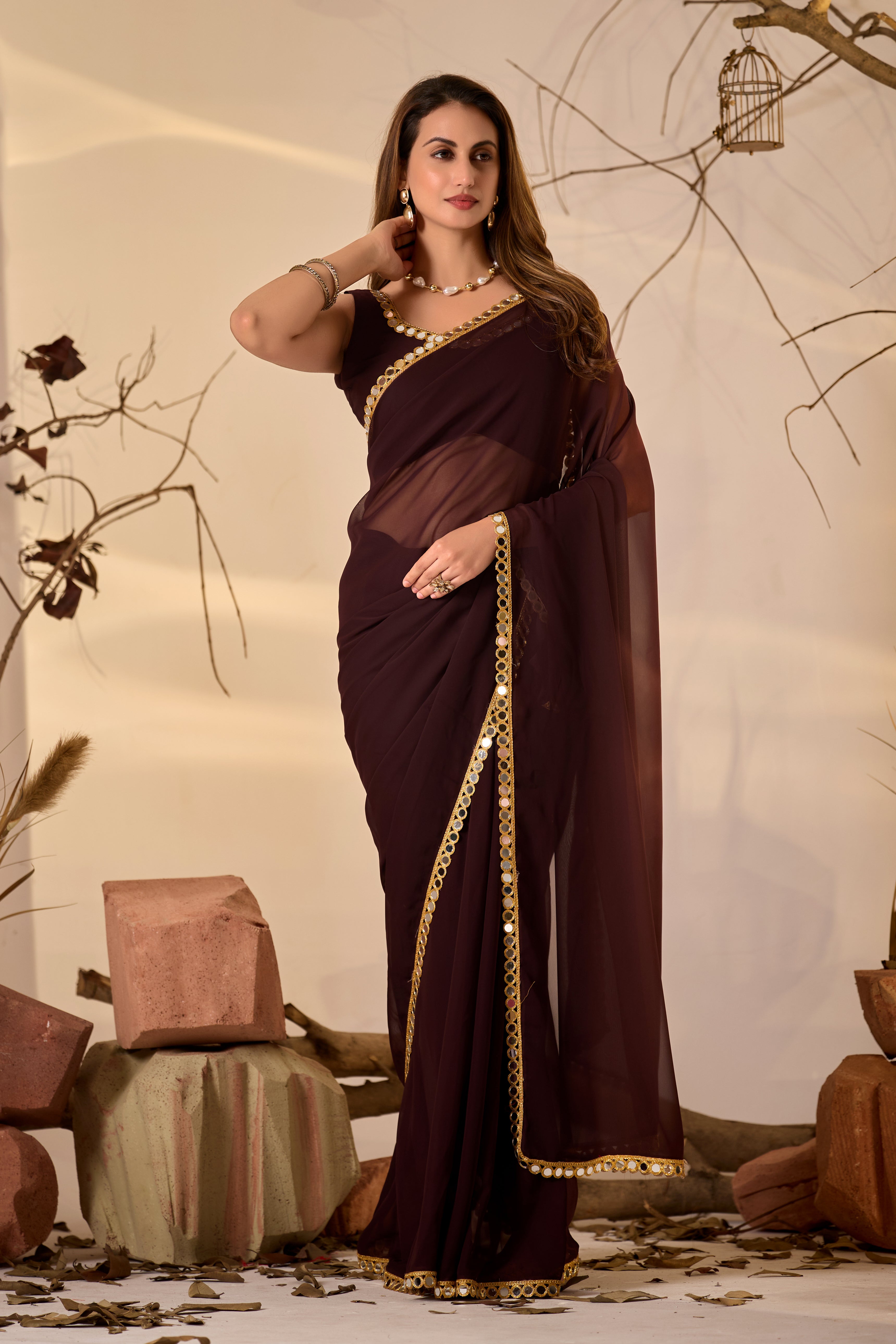 Georgette Saree with Mirror Work Border