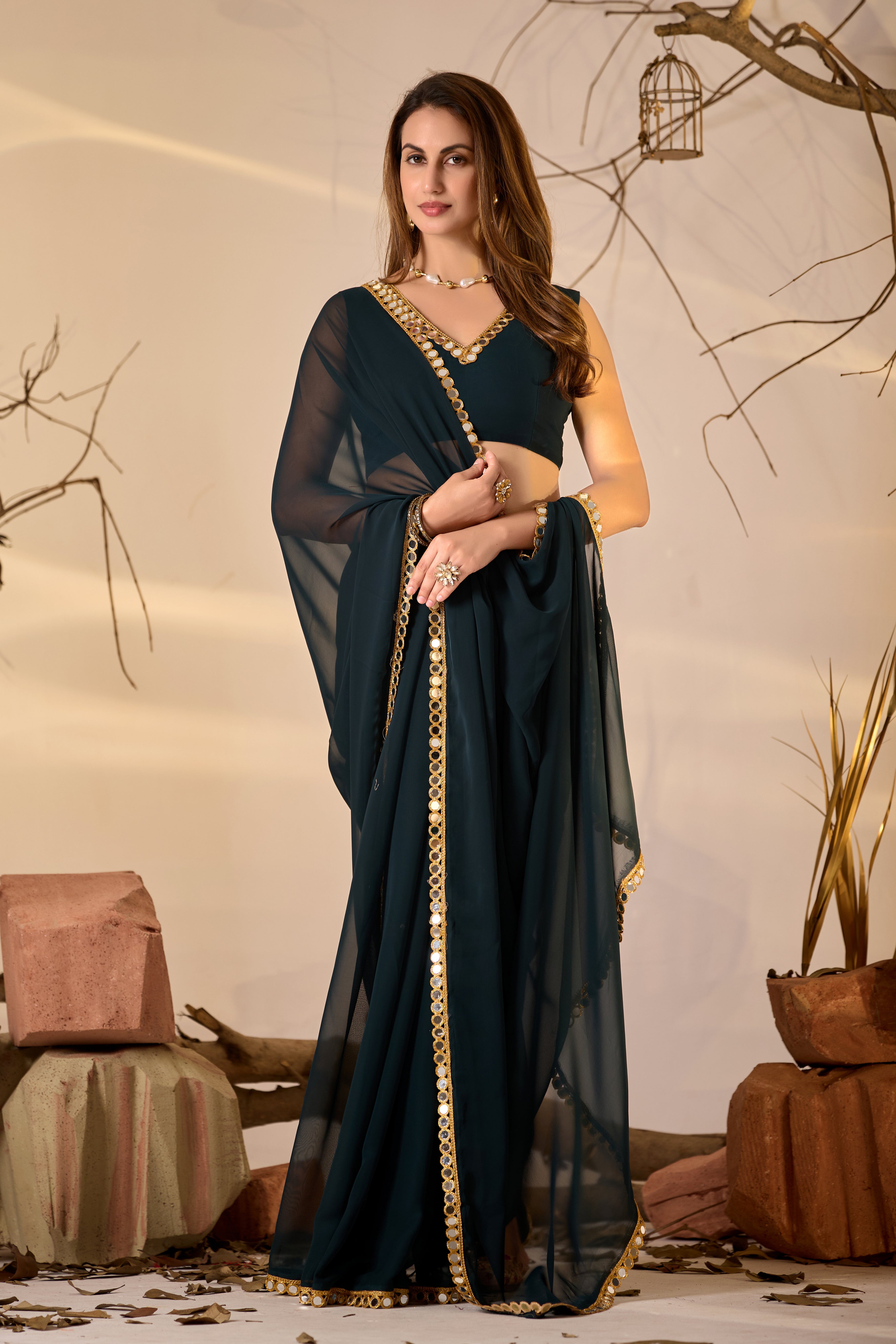 Georgette Saree with Mirror Work Border