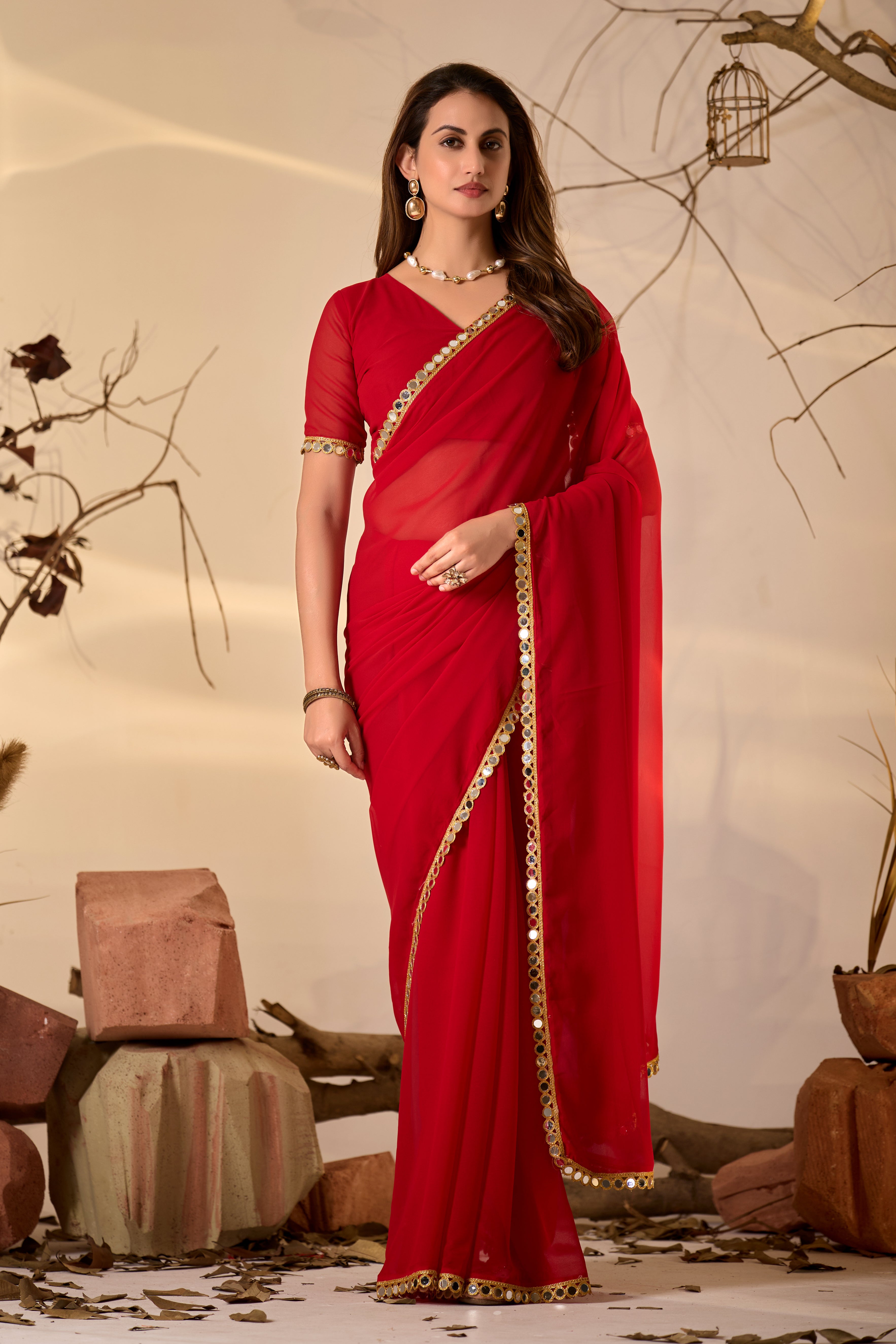 Georgette Saree with Mirror Work Border