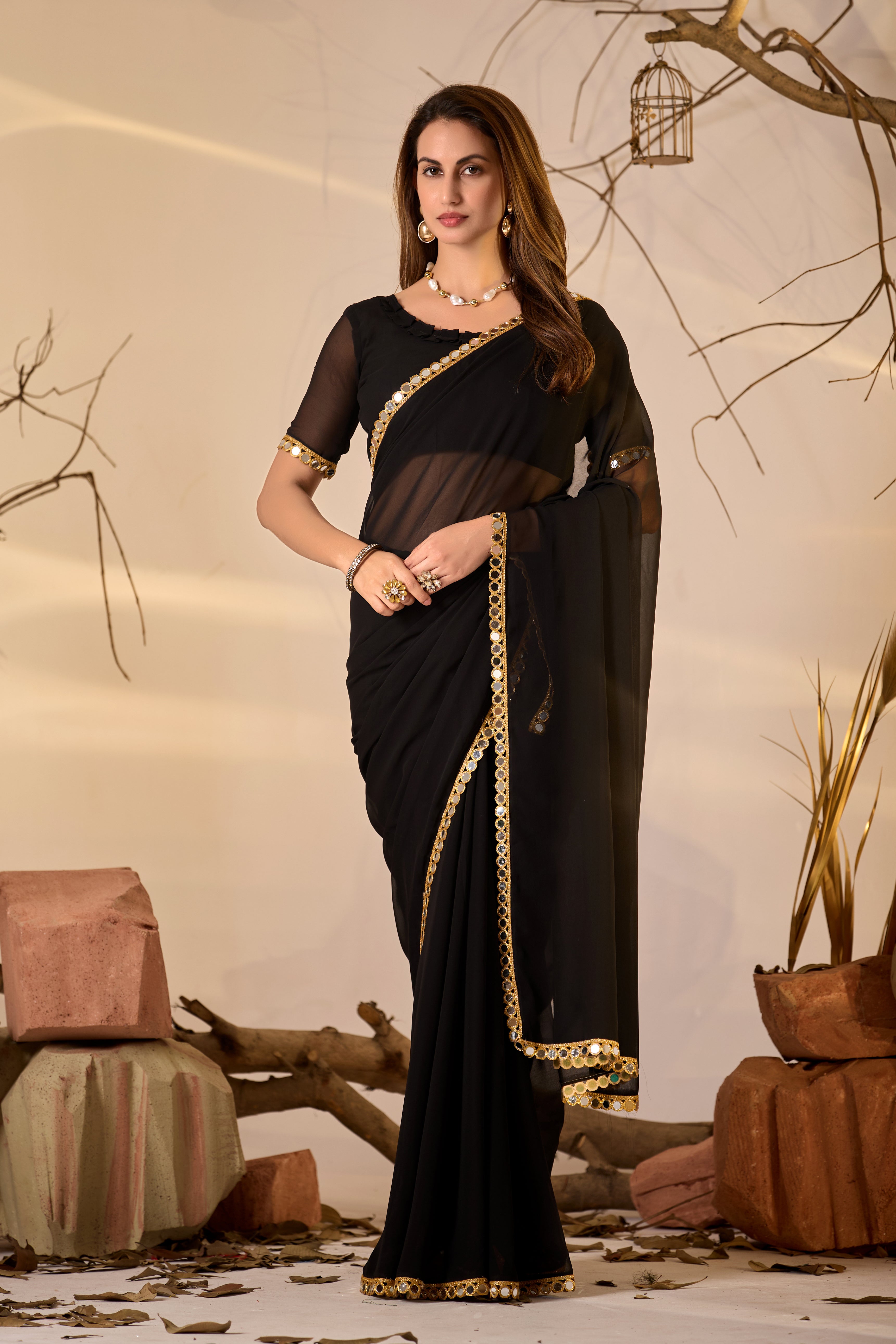 Georgette Saree with Mirror Work Border