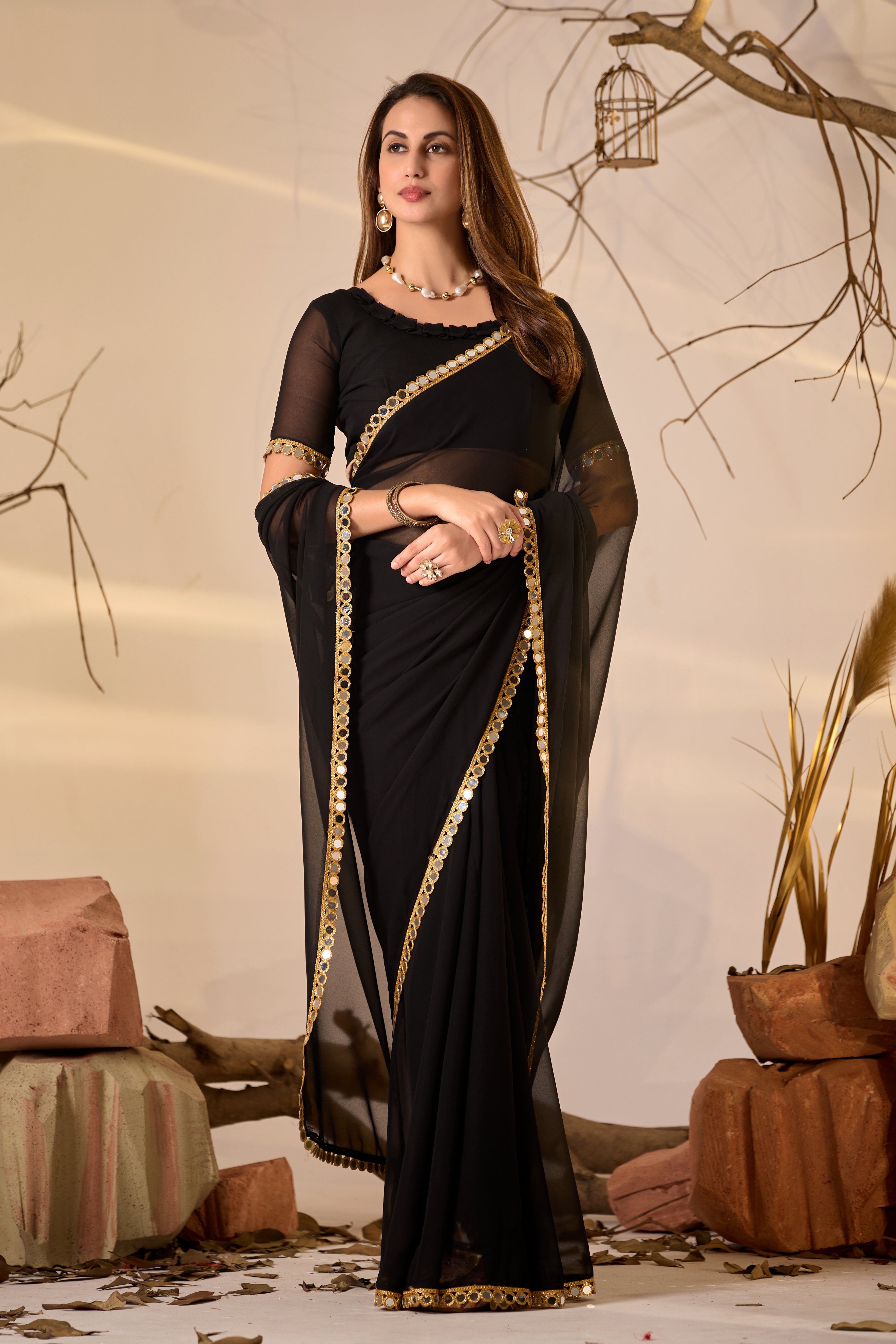 Georgette Saree with Mirror Work Border