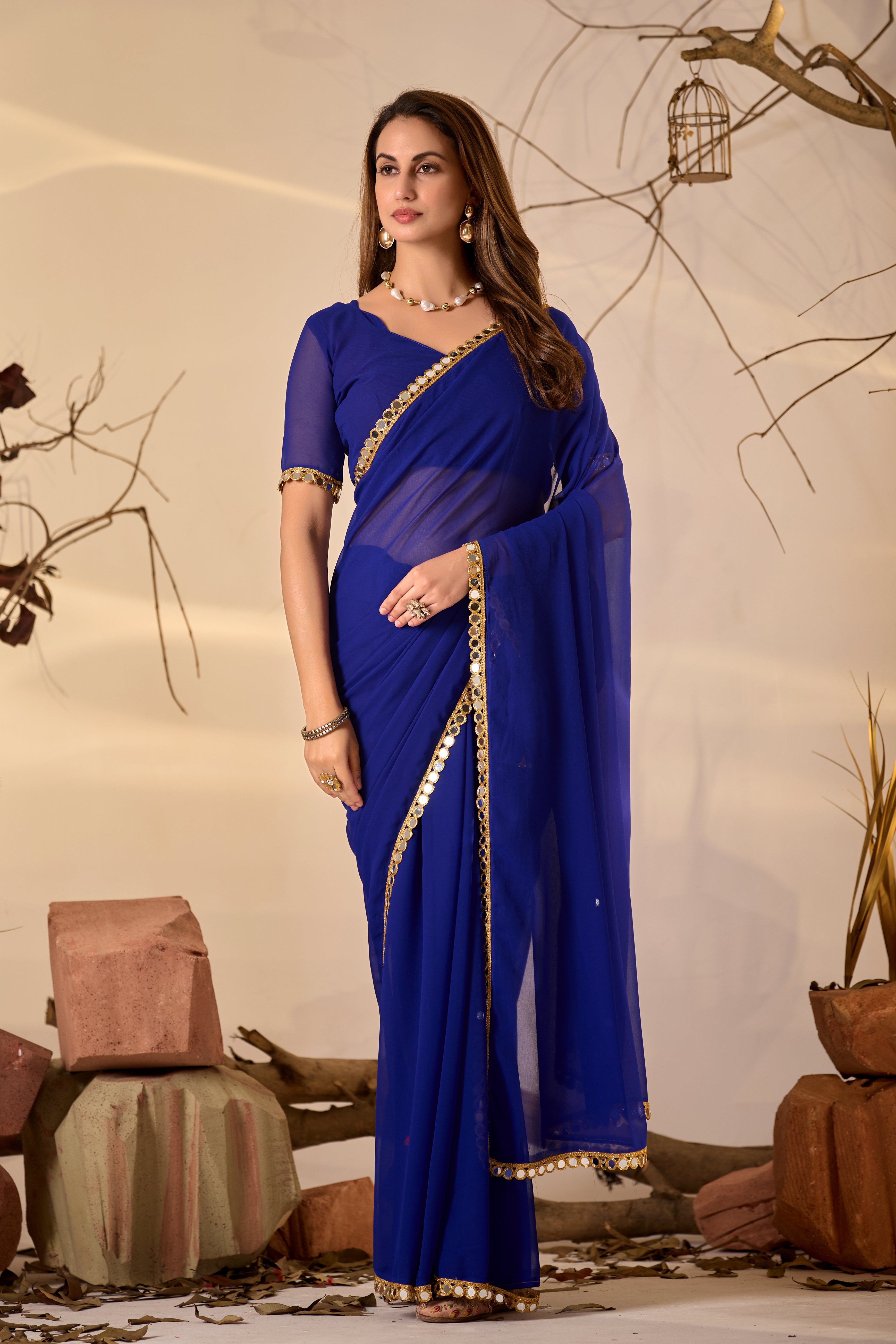 Georgette Saree with Mirror Work Border