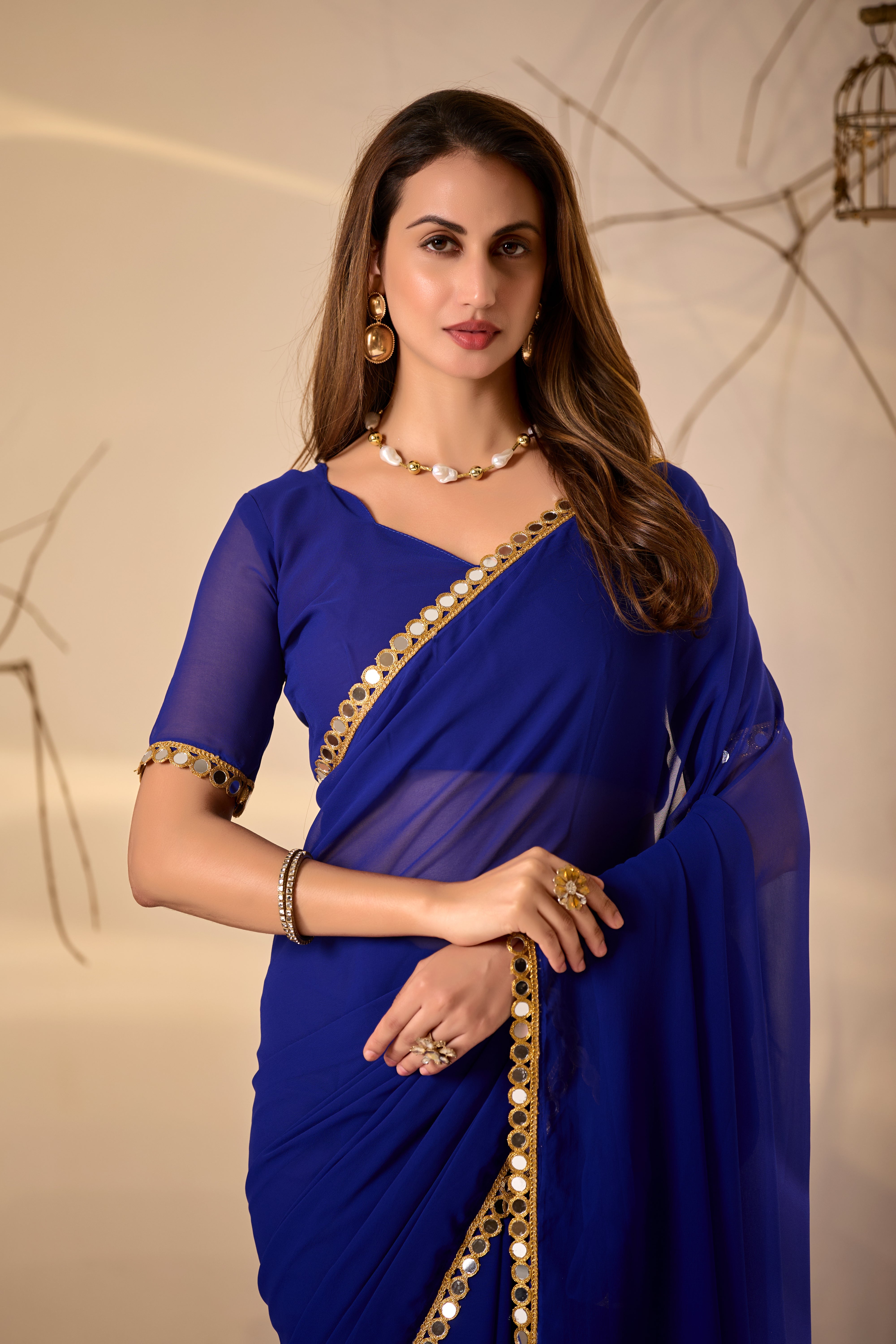 Georgette Saree with Mirror Work Border