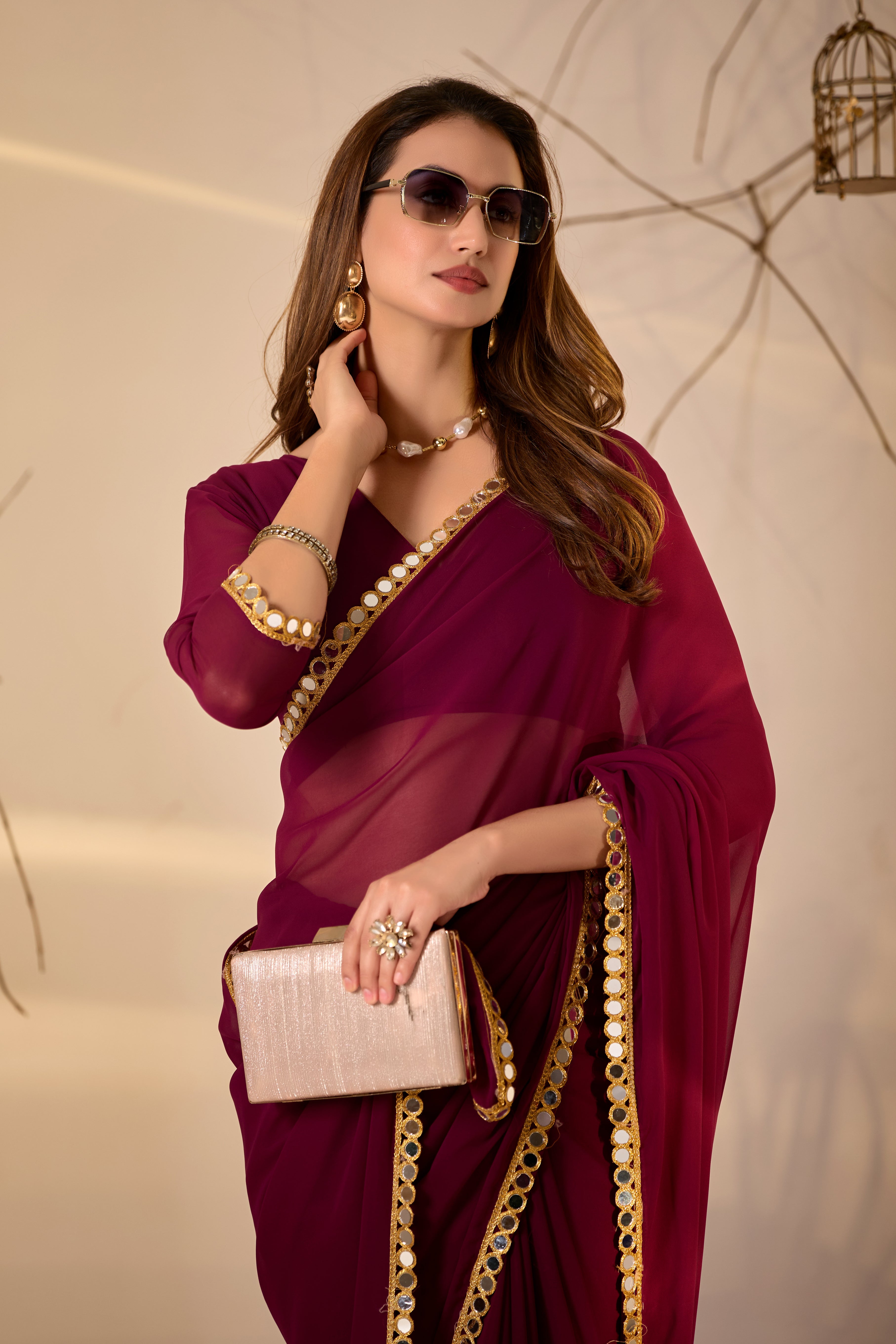 Georgette Saree with Mirror Work Border