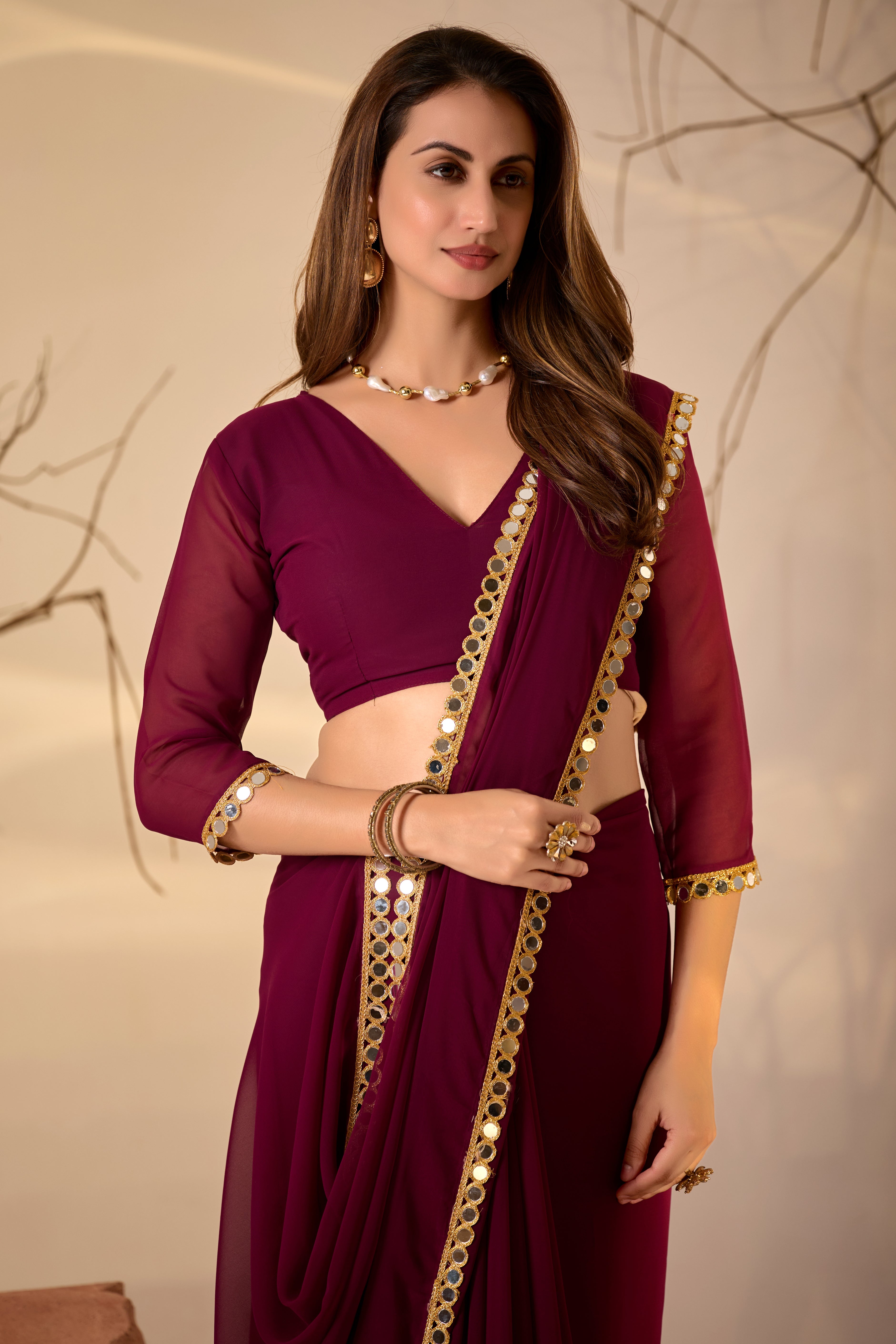 Georgette Saree with Mirror Work Border