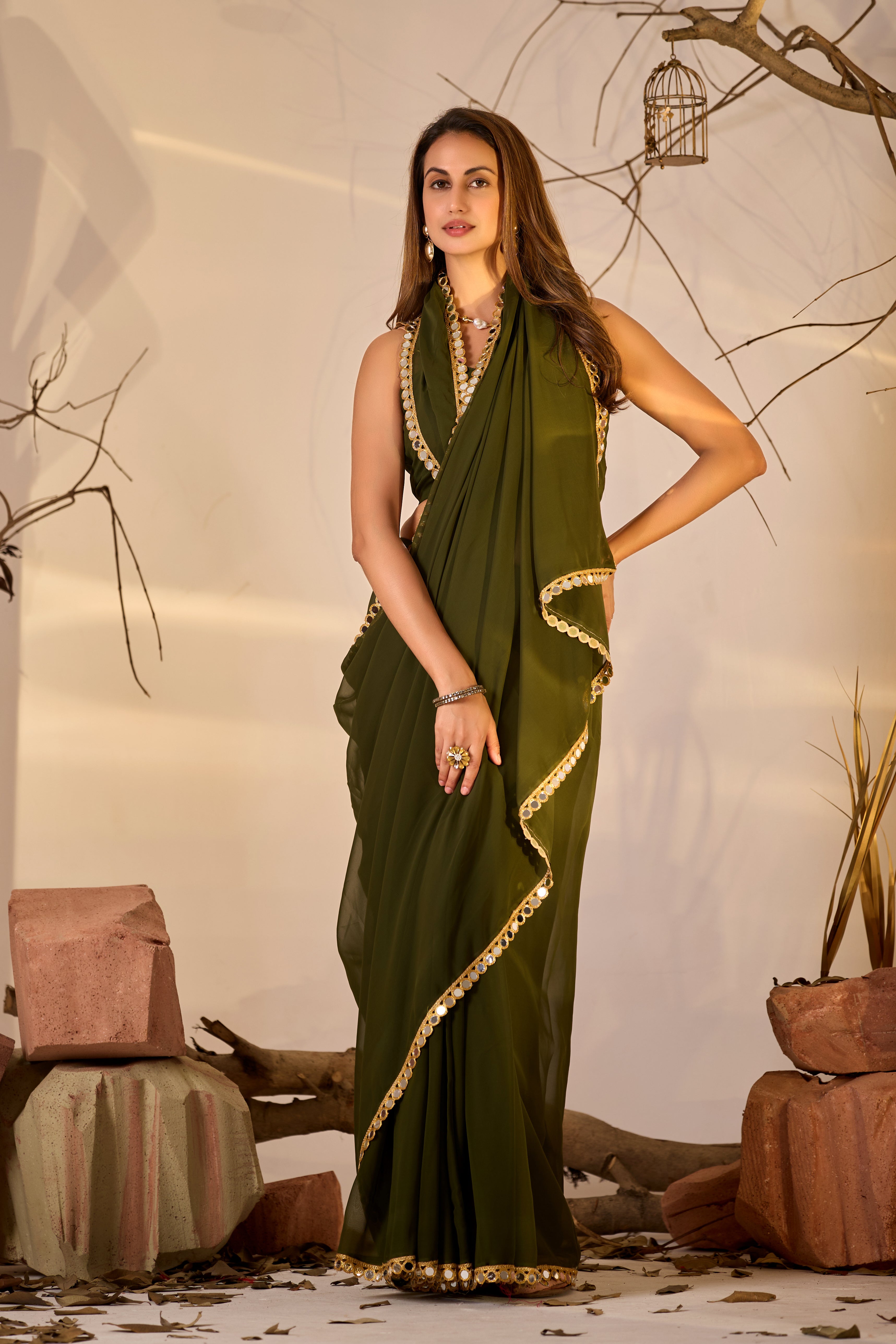 Georgette Saree with Mirror Work Border