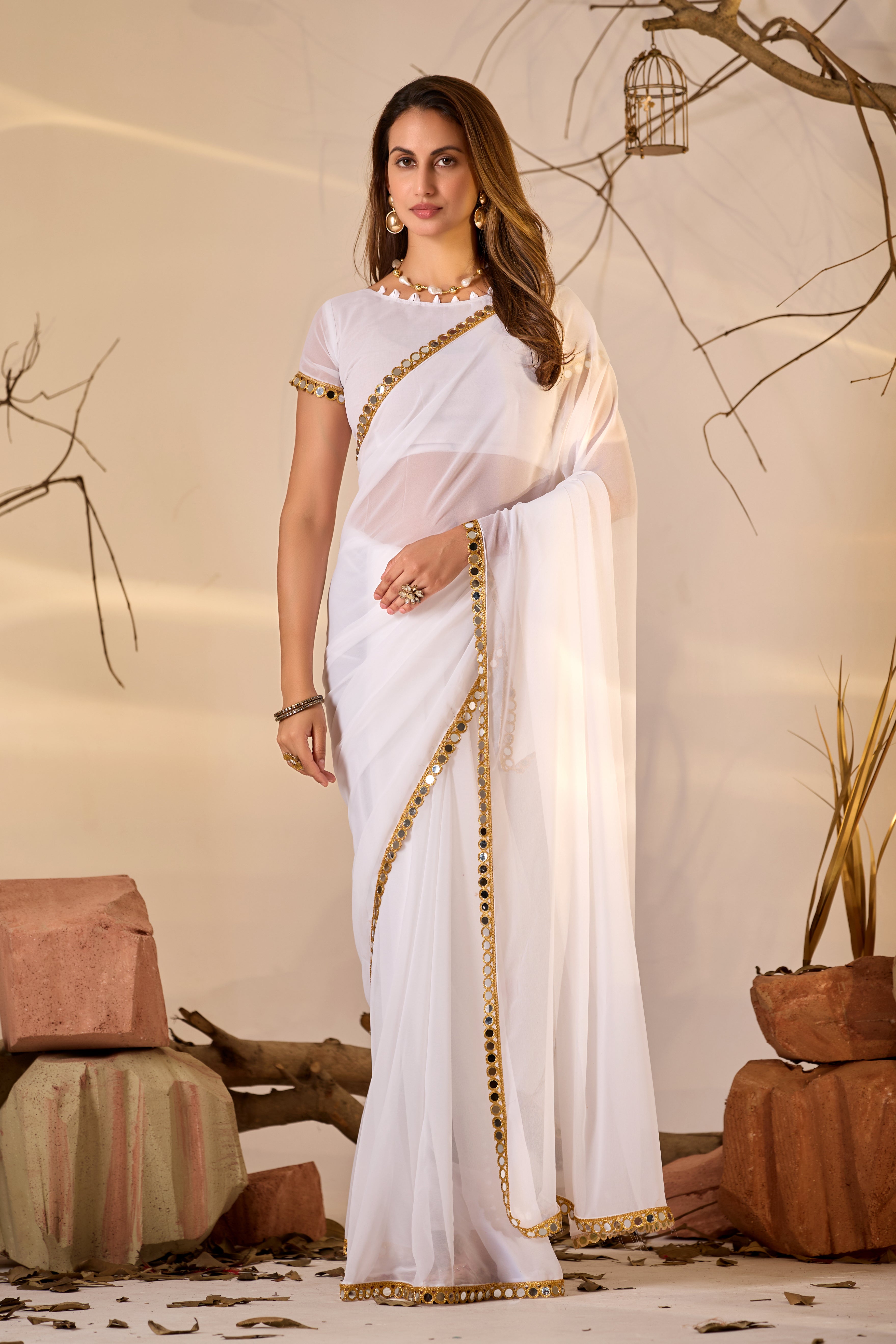 Georgette Saree with Mirror Work Border