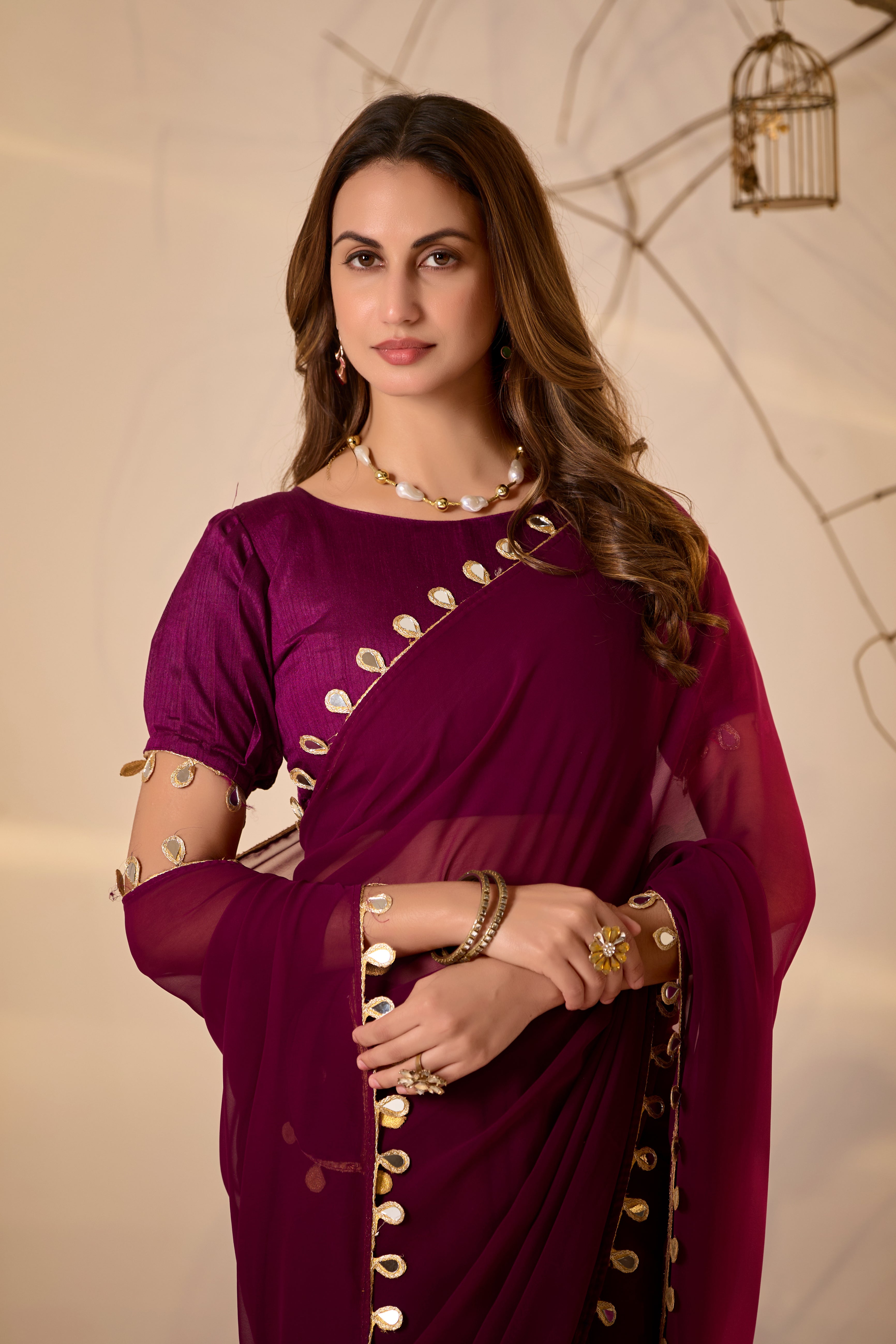 Georgette Saree with Teardrop Golden Border
