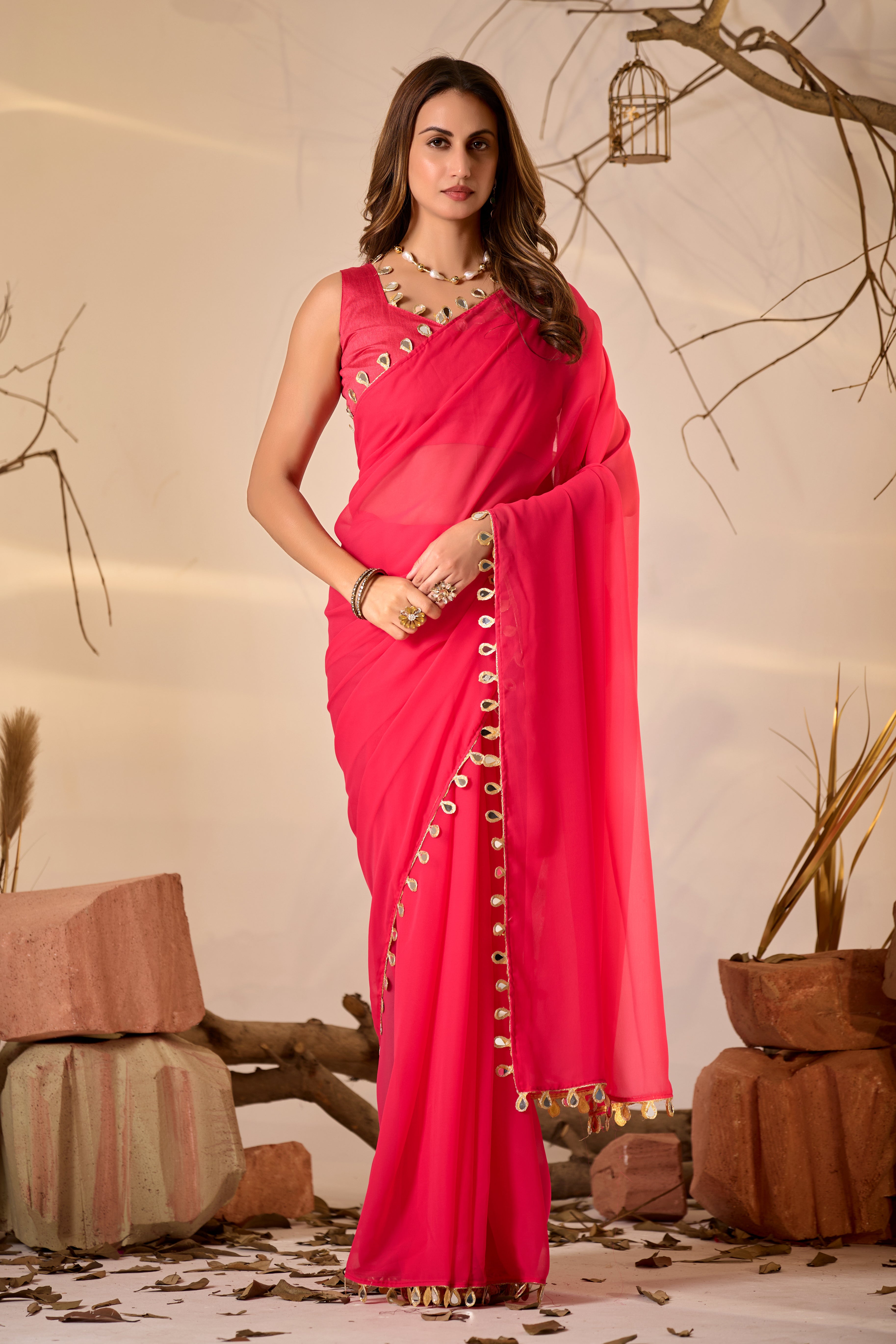 Georgette Saree with Teardrop Golden Border