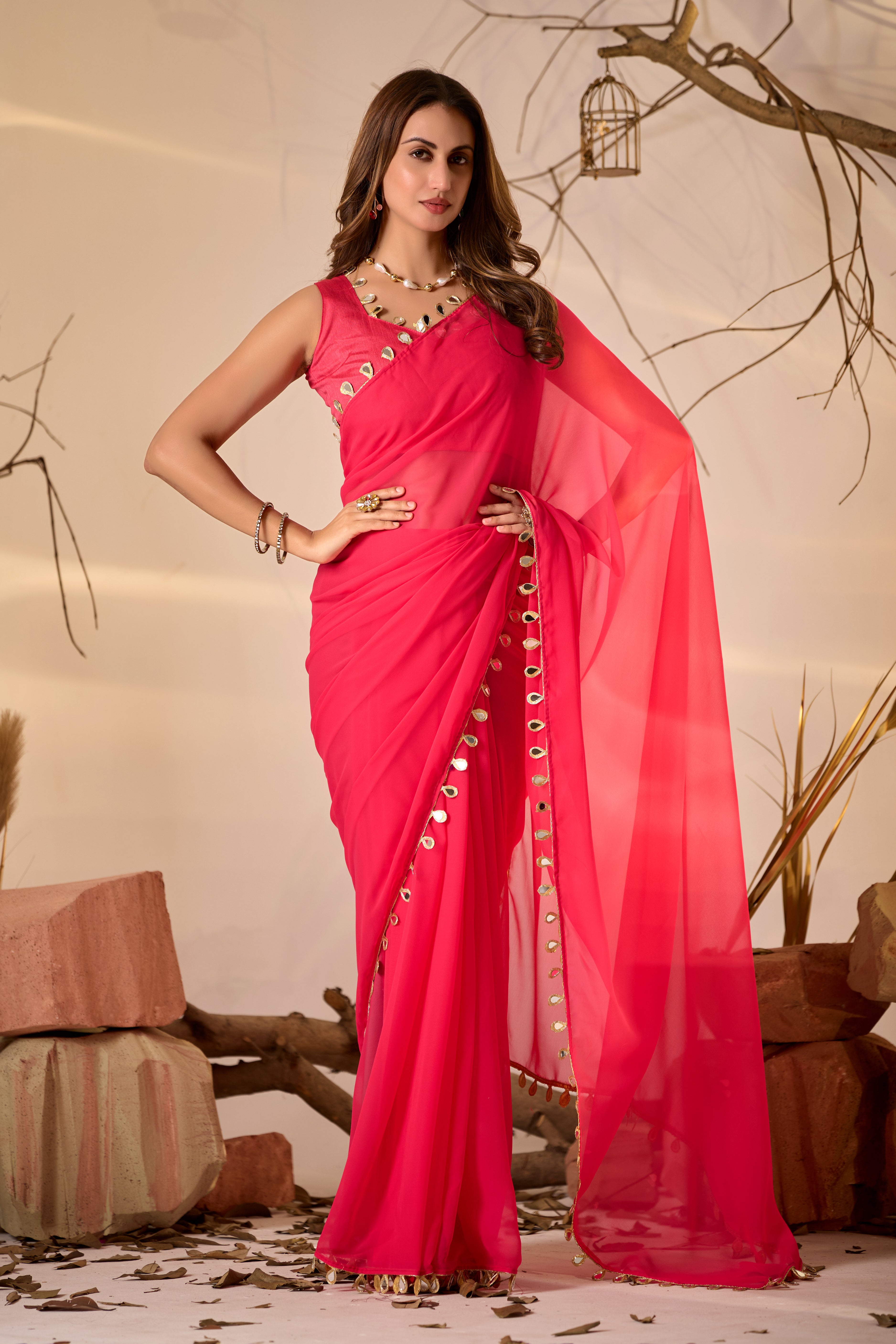 Georgette Saree with Teardrop Golden Border
