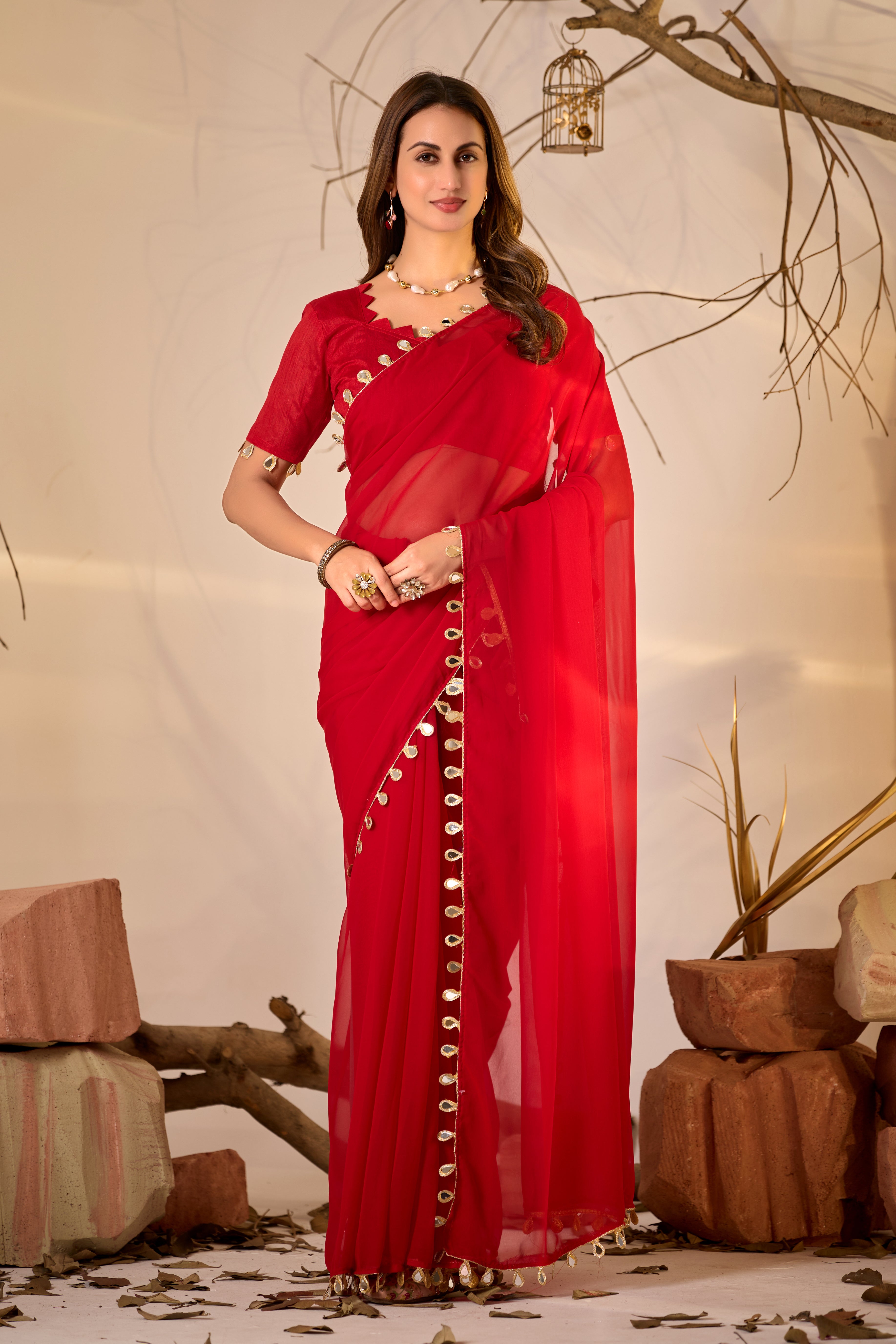 Georgette Saree with Teardrop Golden Border