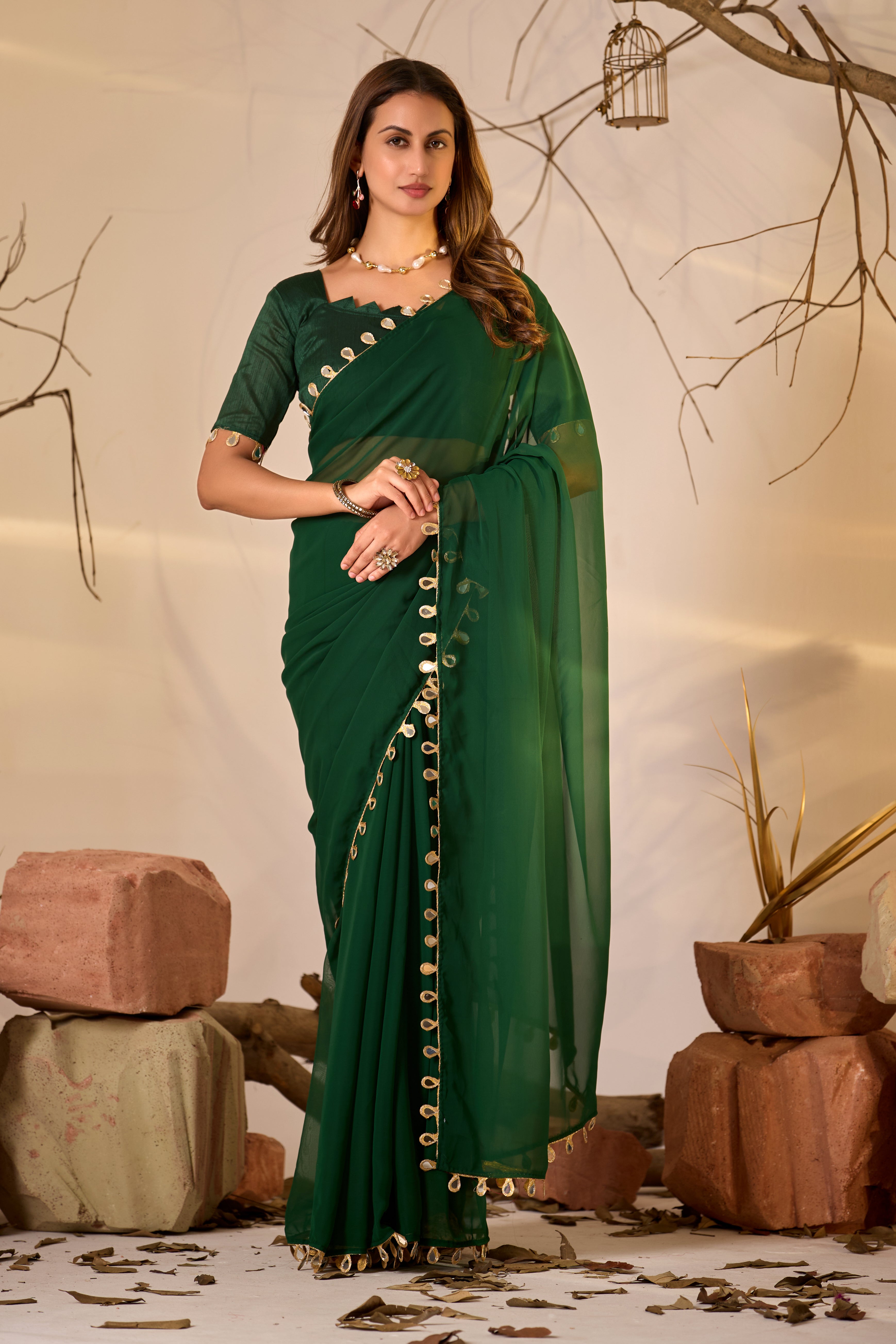 Georgette Saree with Teardrop Golden Border