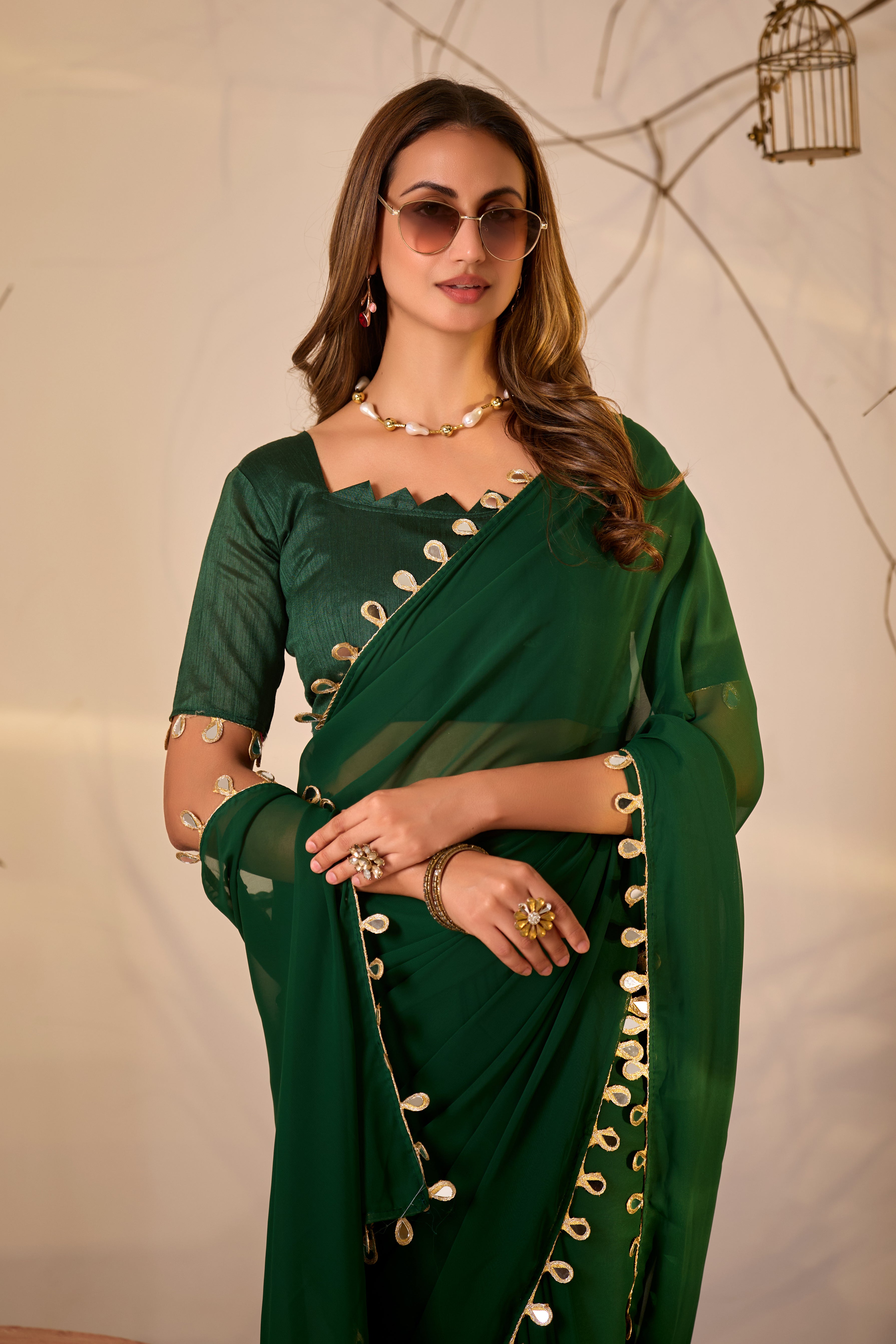 Georgette Saree with Teardrop Golden Border