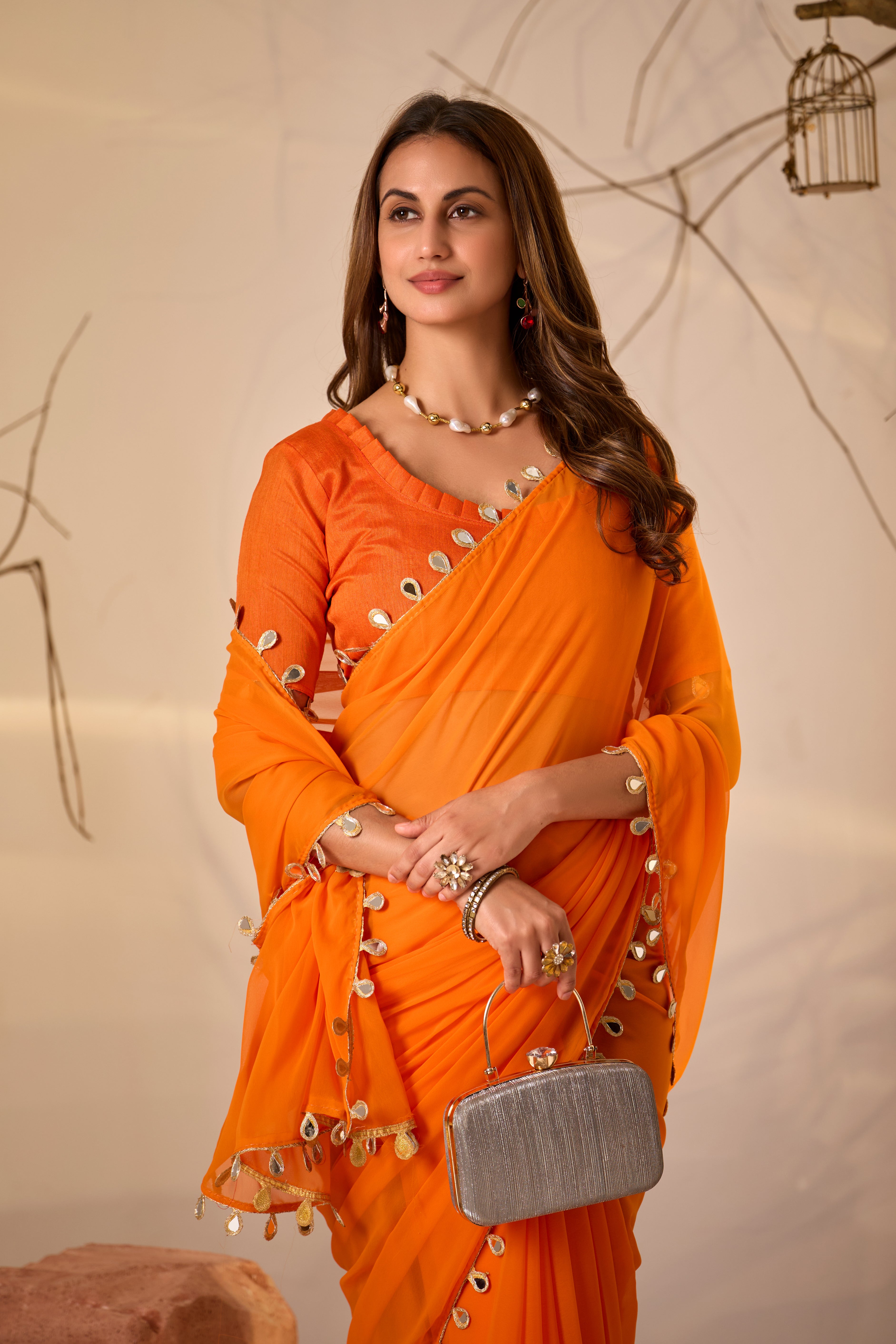 Georgette Saree with Teardrop Golden Border