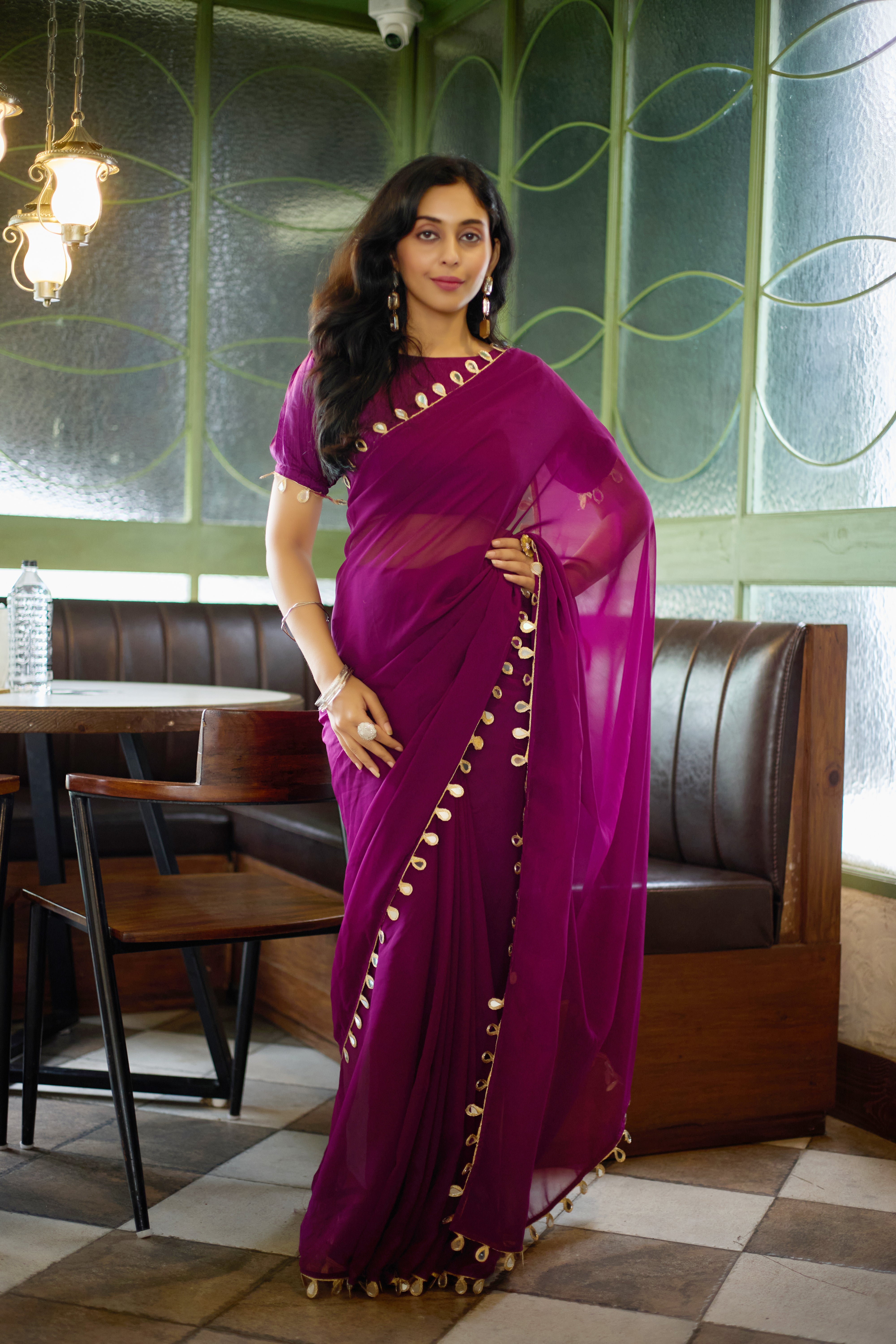 Royal Purple Georgette Saree with Golden Embellished Border