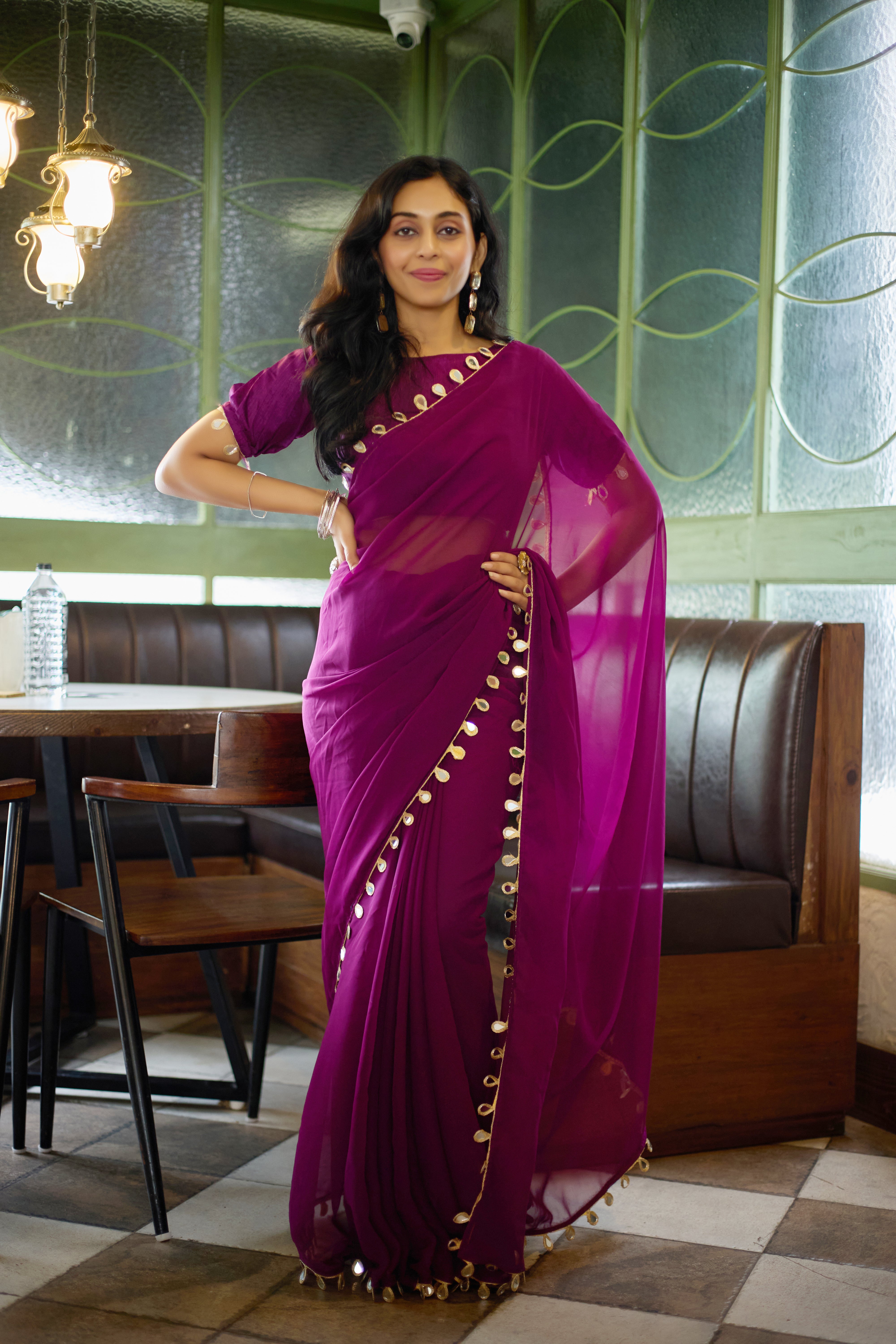 Royal Purple Georgette Saree with Golden Embellished Border