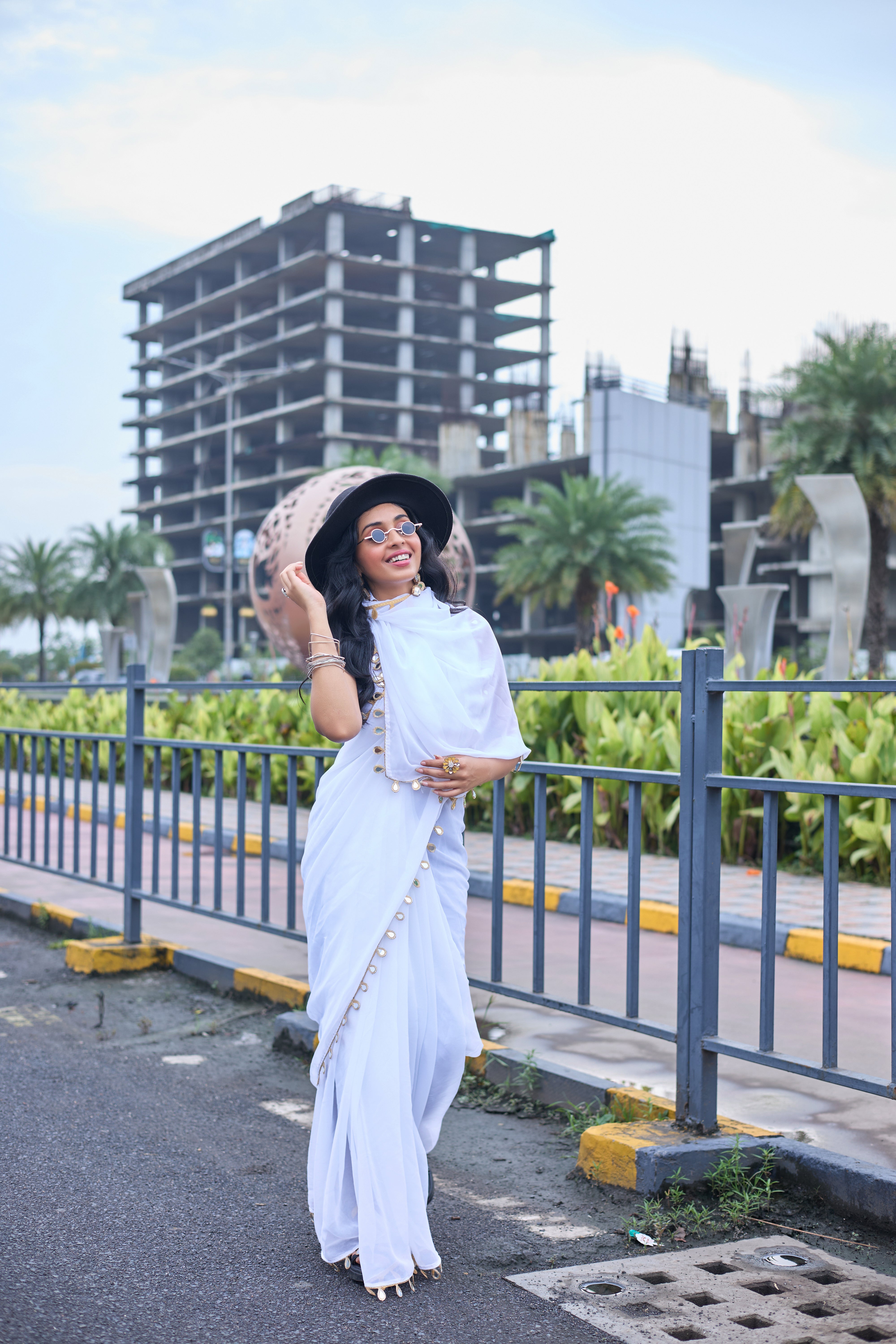 Ethereal White Georgette Saree with Mirror Work Border