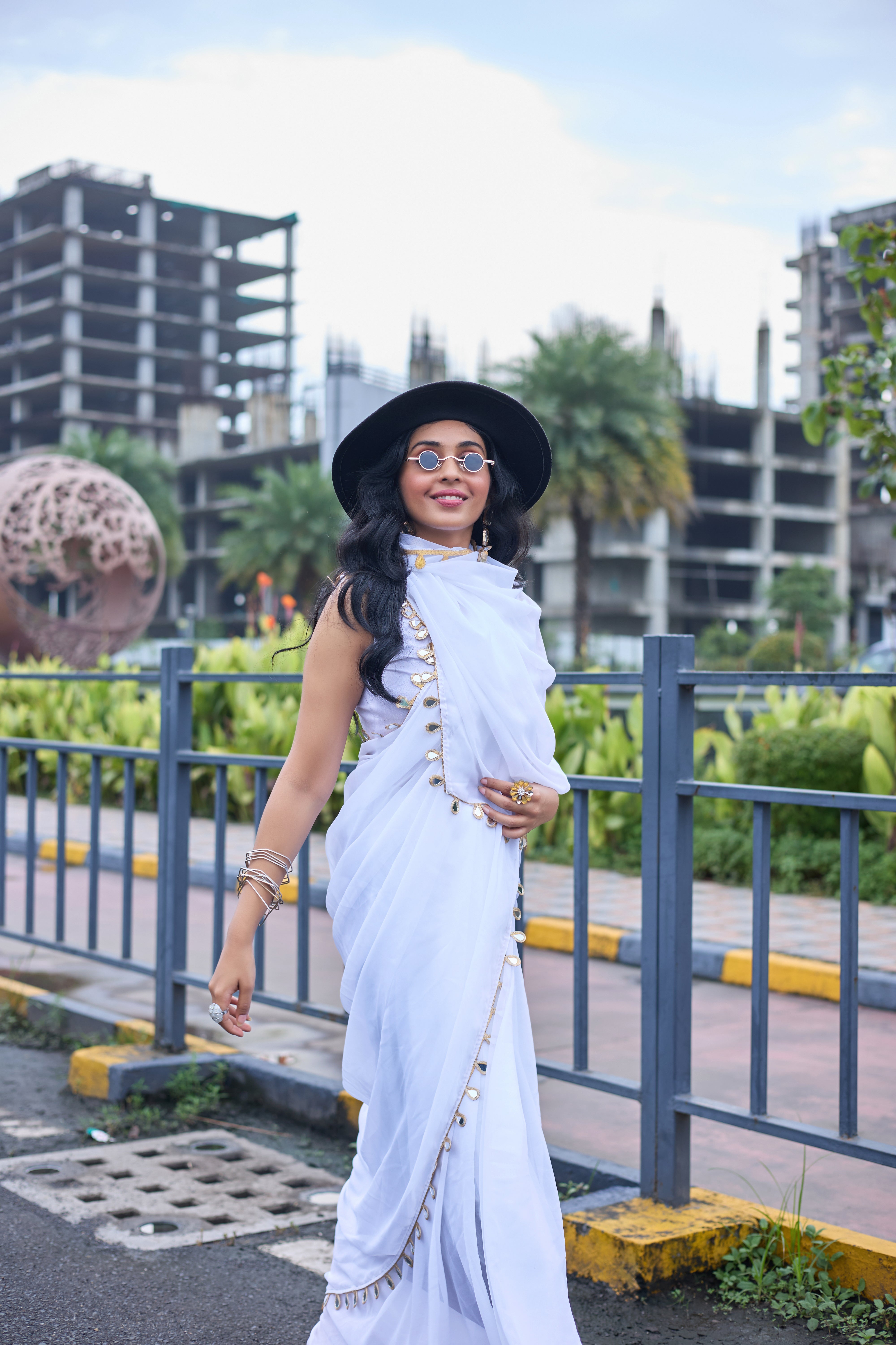 Ethereal White Georgette Saree with Mirror Work Border