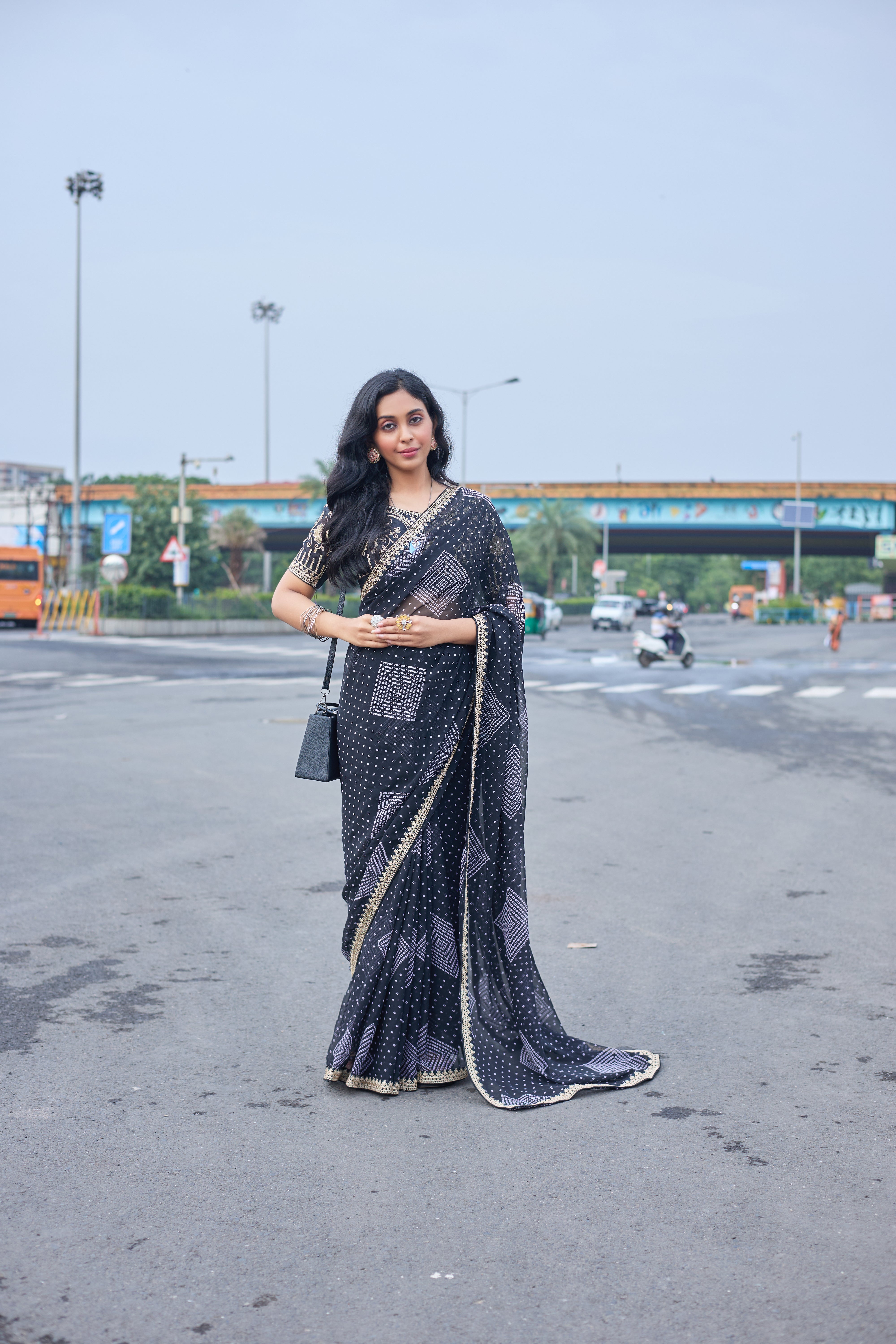 Midnight Charm Black Printed Saree with Golden Lace Border