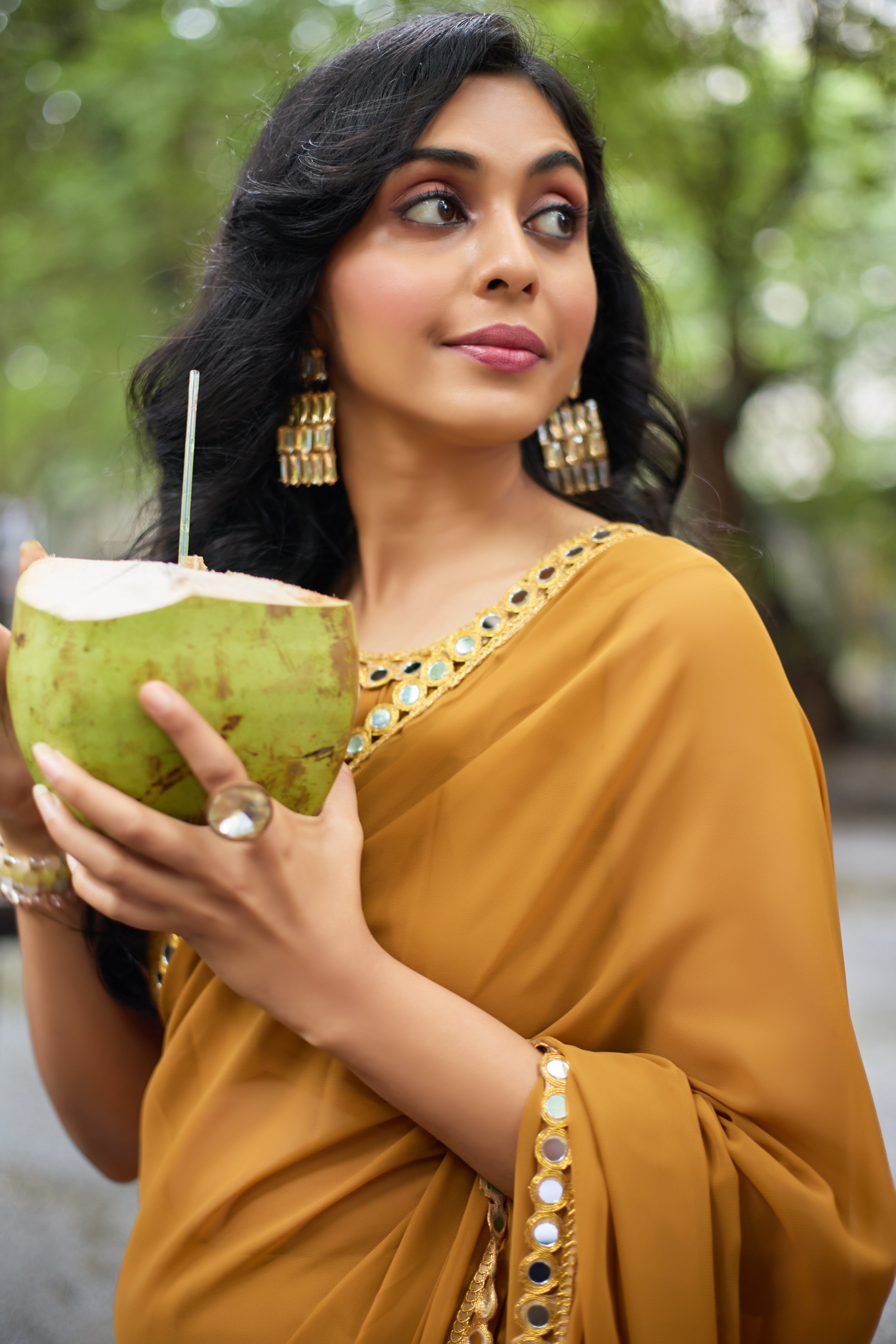 Mustard Gold Georgette Saree with Mirror Work Border