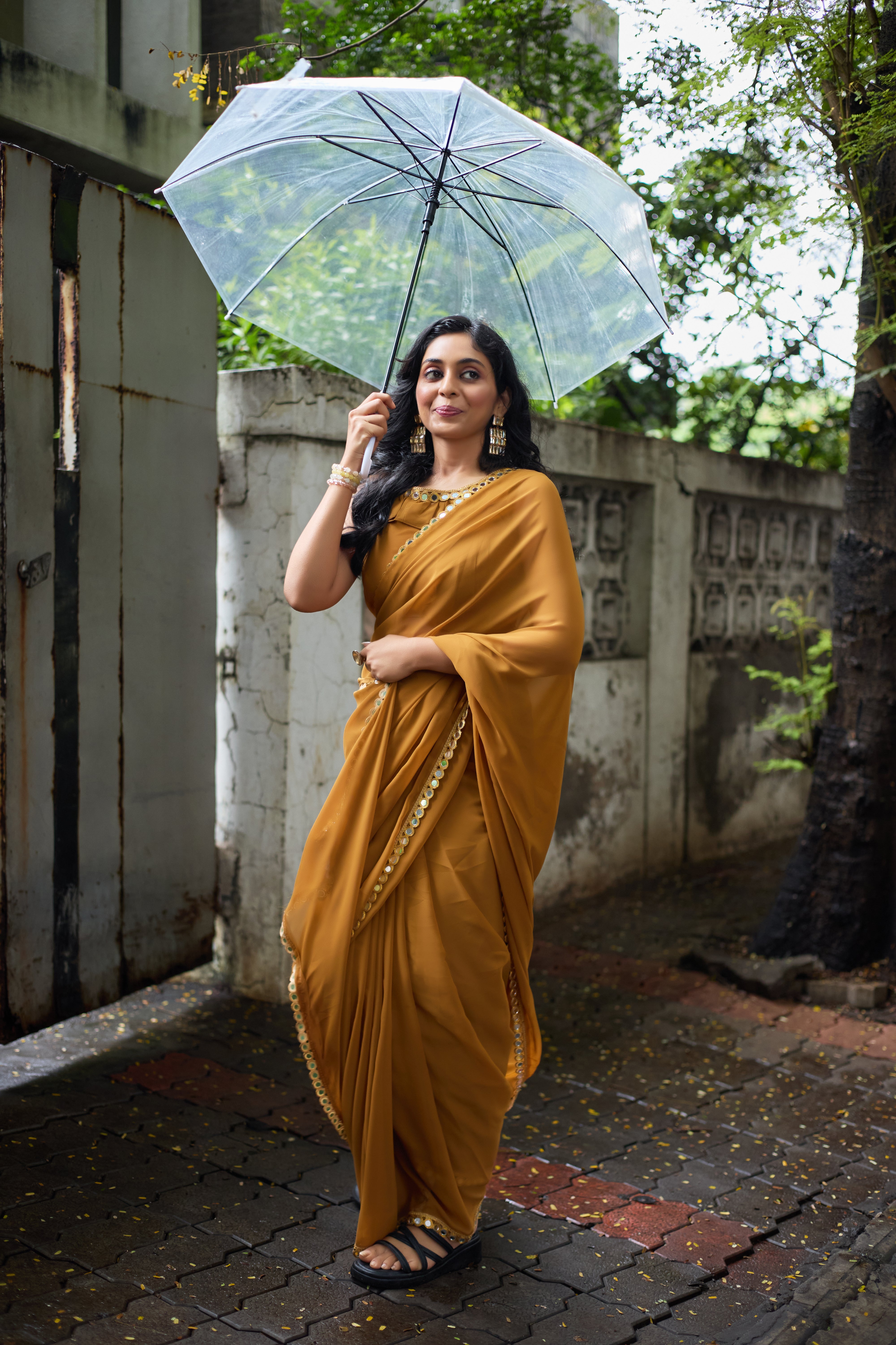 Mustard Gold Georgette Saree with Mirror Work Border