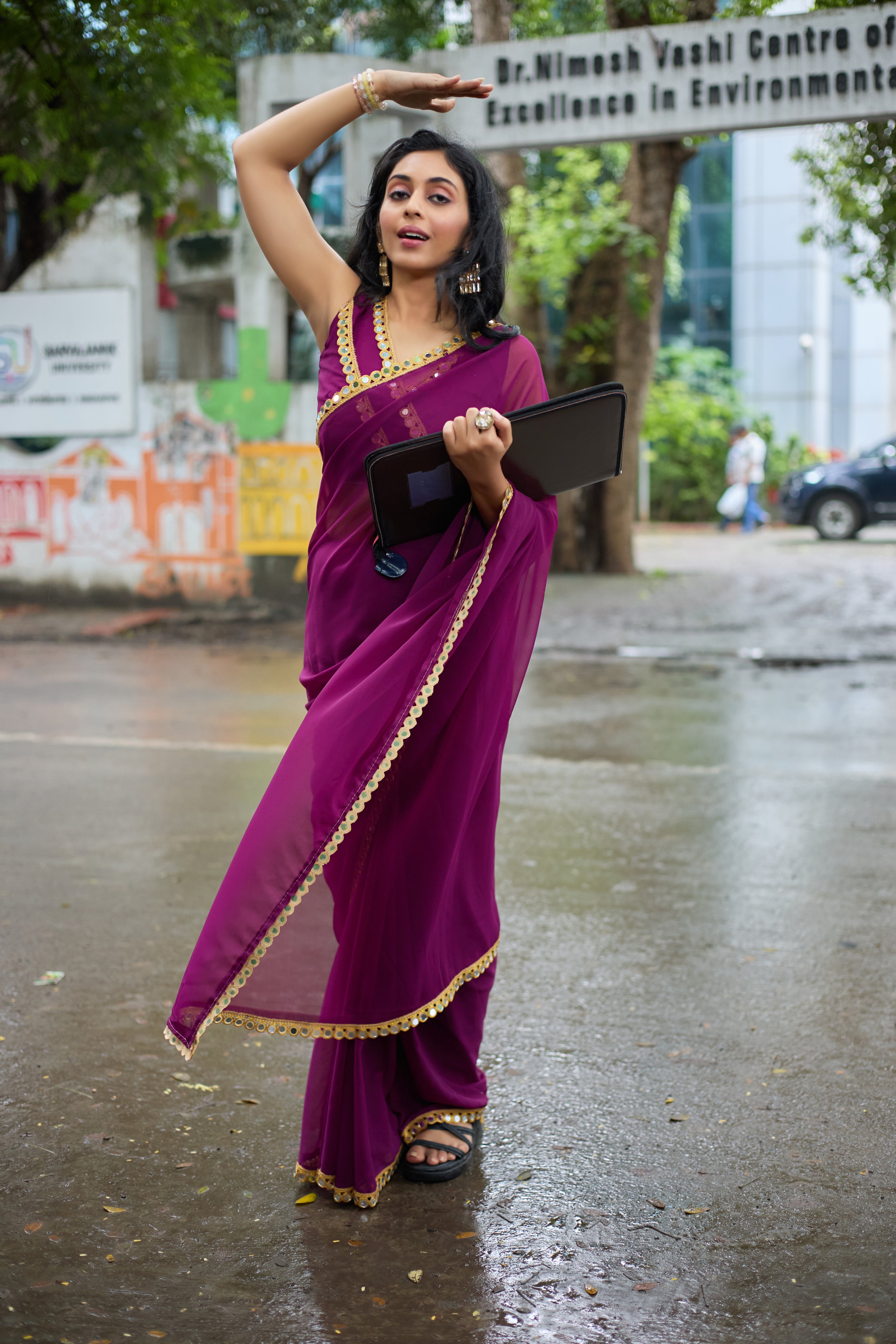 Magenta Glow Georgette Saree with Mirror Work Border