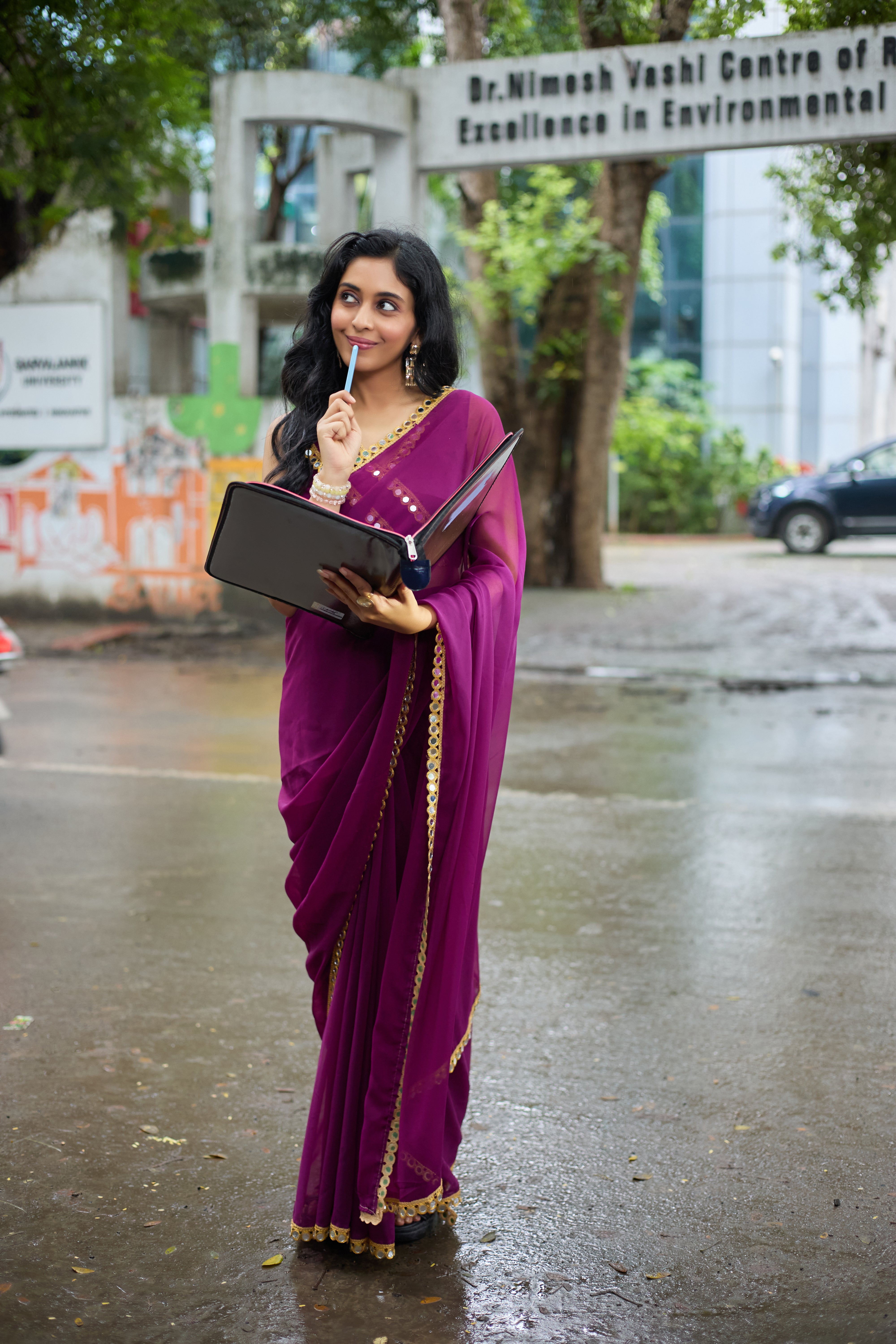 Magenta Glow Georgette Saree with Mirror Work Border