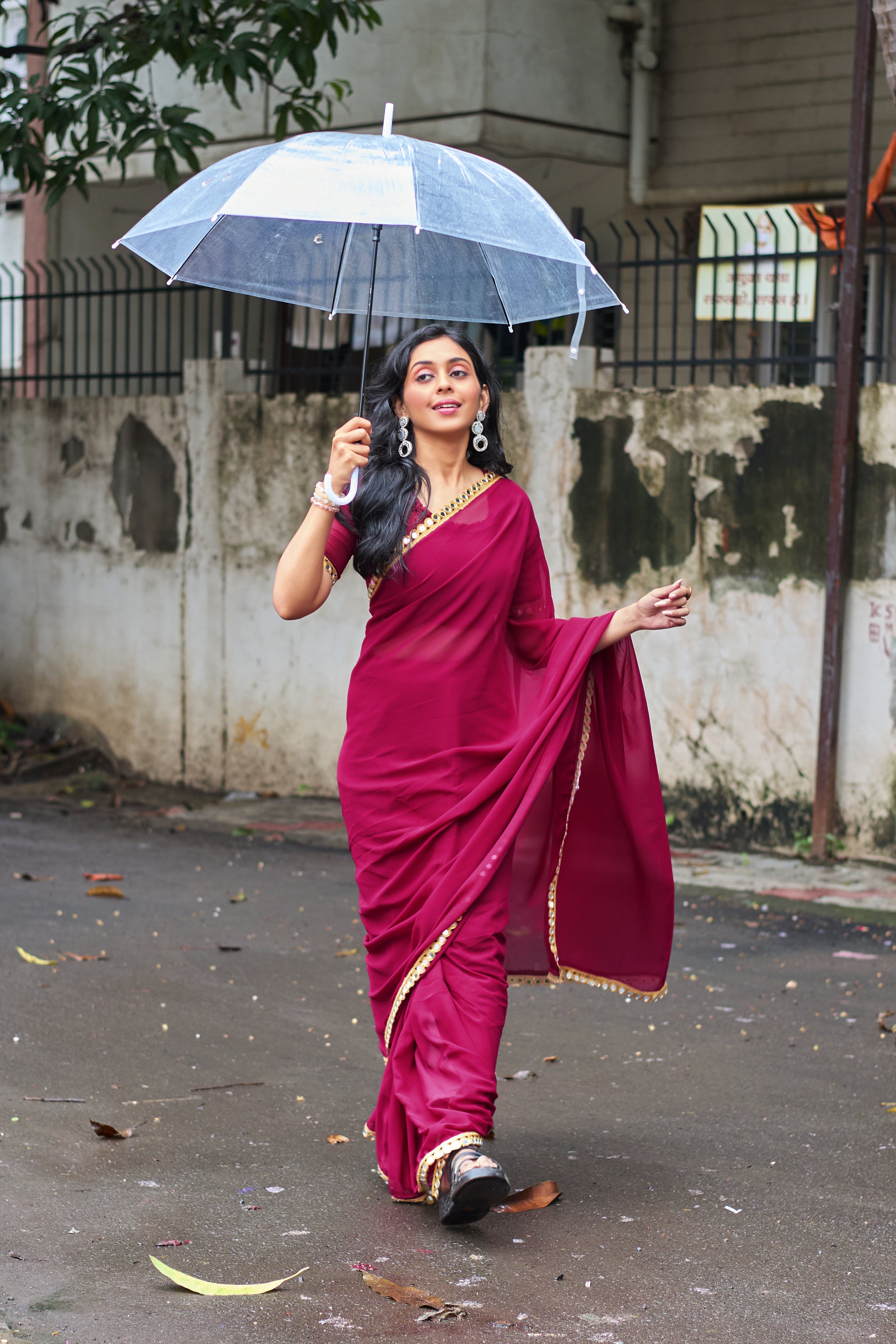 Graceful Charm Wine-Red Georgette Saree with Golden Border