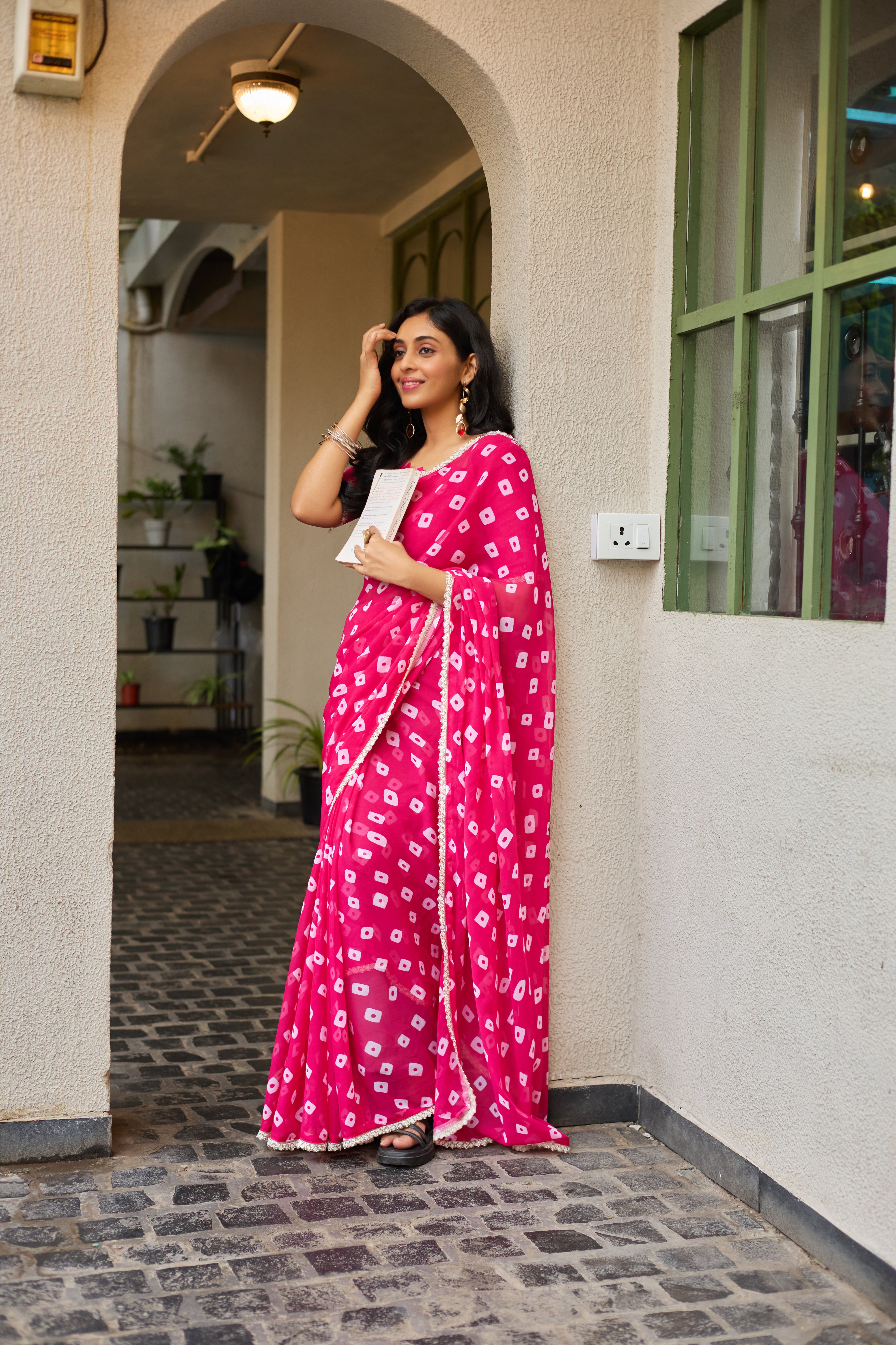 Pink Georgette Saree with Embellished Border